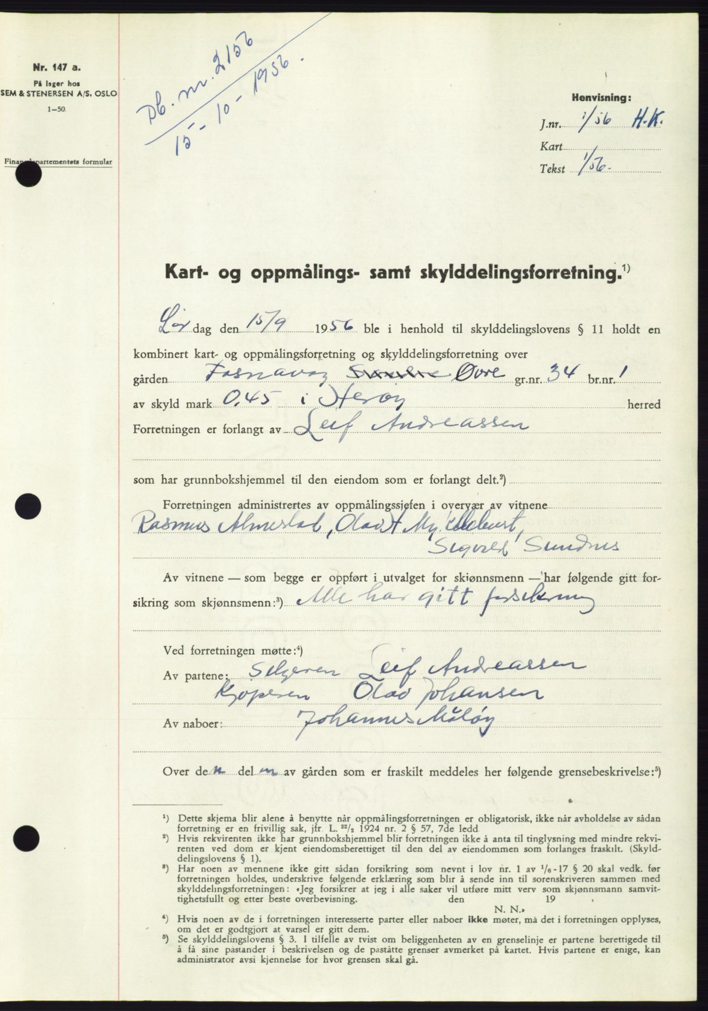 Søre Sunnmøre sorenskriveri, AV/SAT-A-4122/1/2/2C/L0104: Pantebok nr. 30A, 1956-1956, Dagboknr: 2156/1956