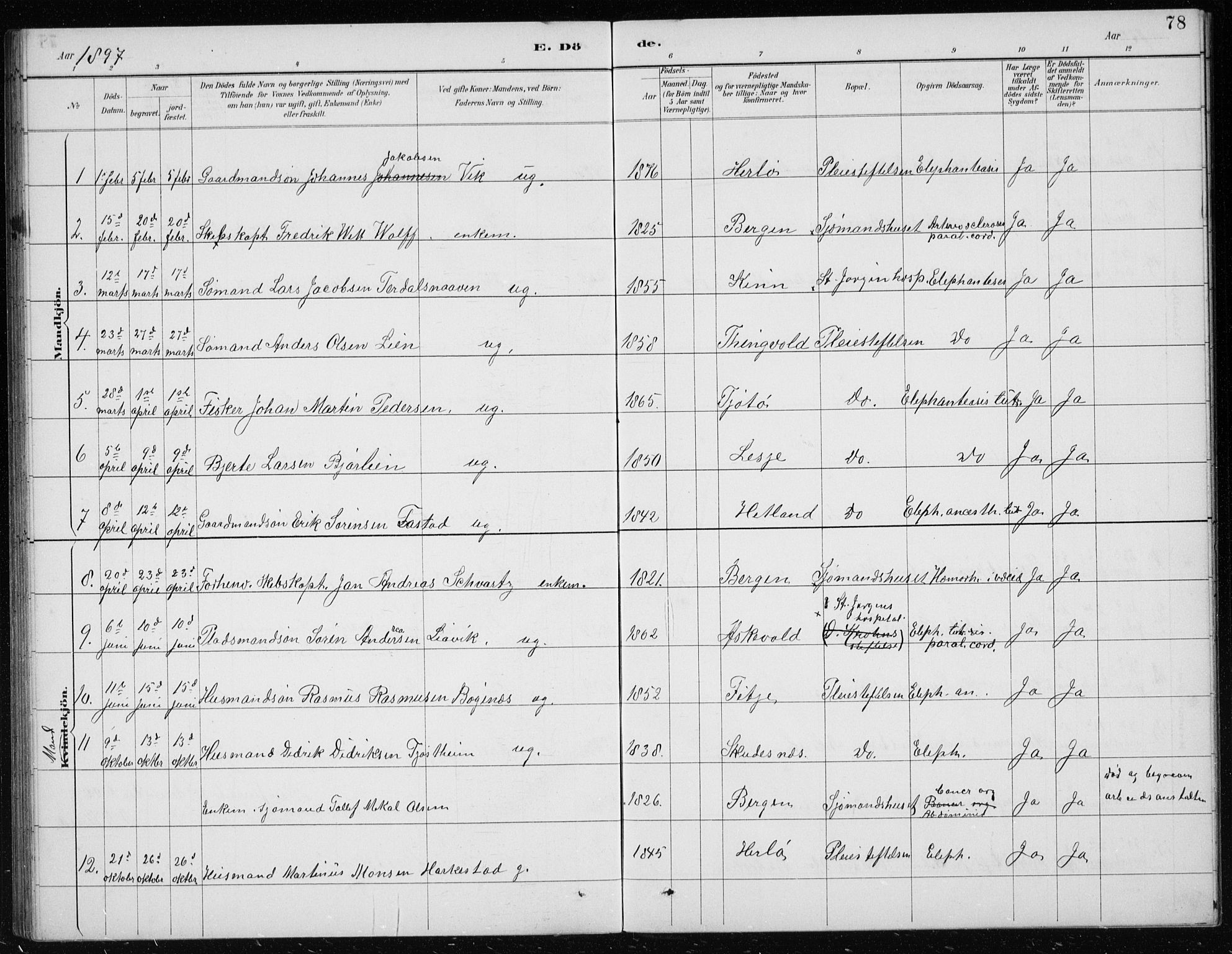 St. Jørgens hospital og Årstad sokneprestembete, AV/SAB-A-99934: Klokkerbok nr. A 10, 1886-1910, s. 78