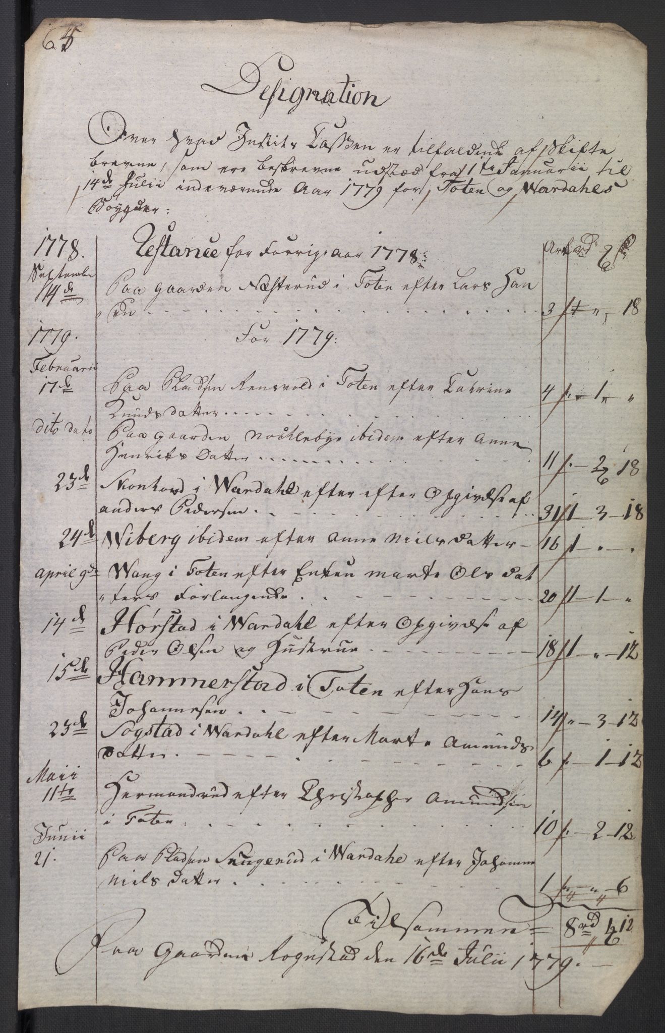 Rentekammeret inntil 1814, Reviderte regnskaper, Mindre regnskaper, AV/RA-EA-4068/Rb/L0014: Opplands amt, 1771-1779, s. 811