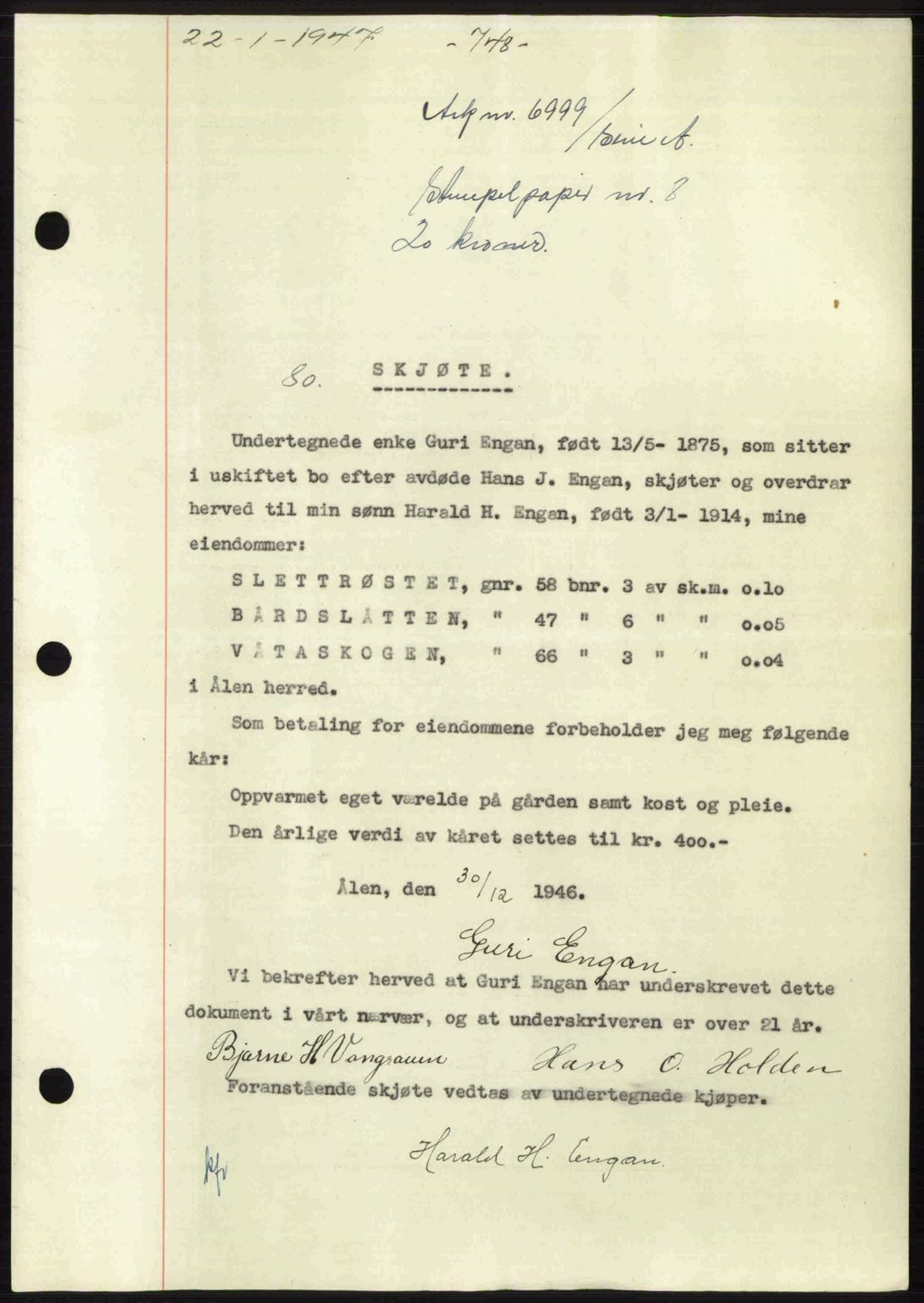Gauldal sorenskriveri, SAT/A-0014/1/2/2C: Pantebok nr. A3, 1947-1947, Dagboknr: 80/1947