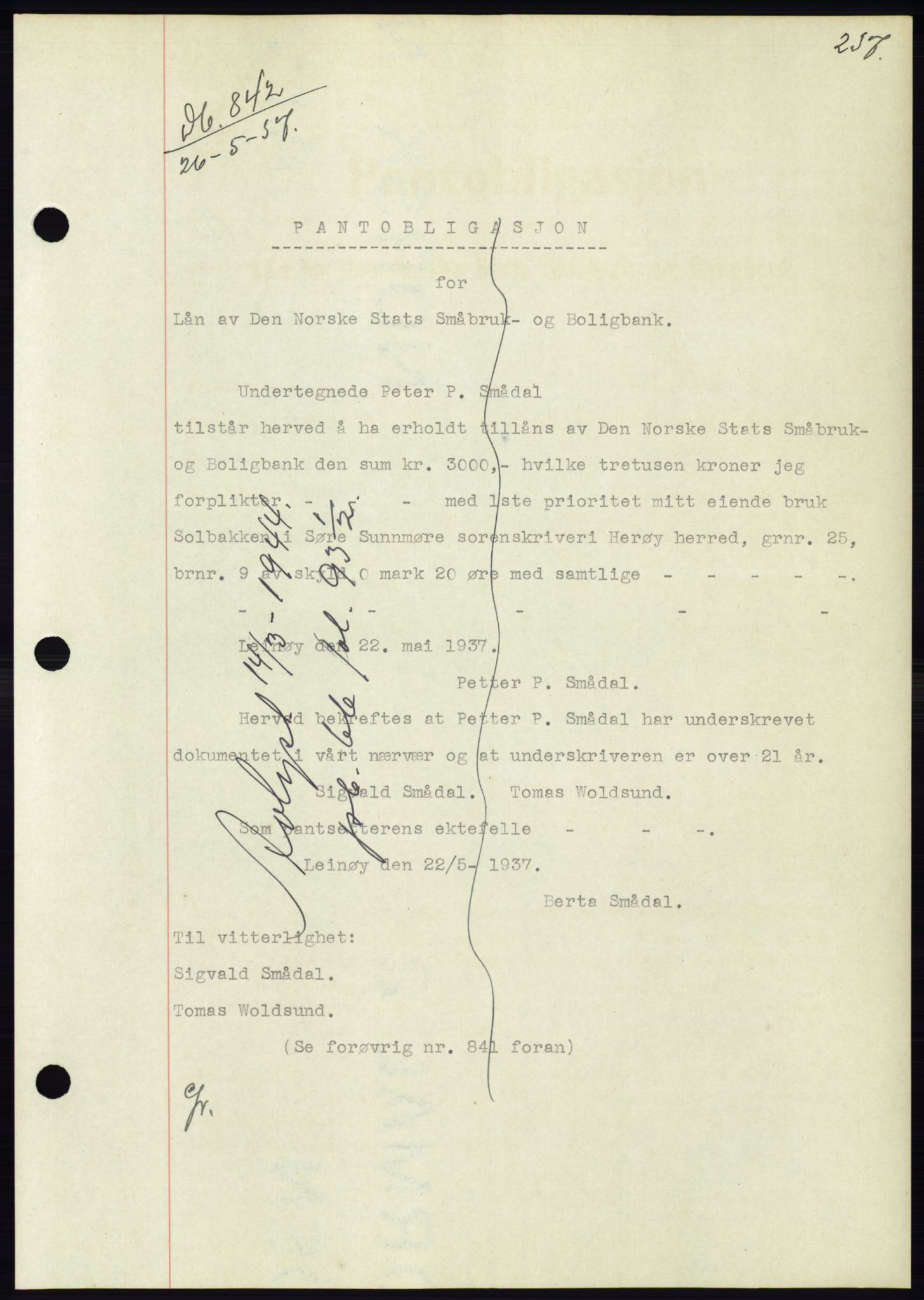 Søre Sunnmøre sorenskriveri, AV/SAT-A-4122/1/2/2C/L0063: Pantebok nr. 57, 1937-1937, Dagboknr: 842/1937