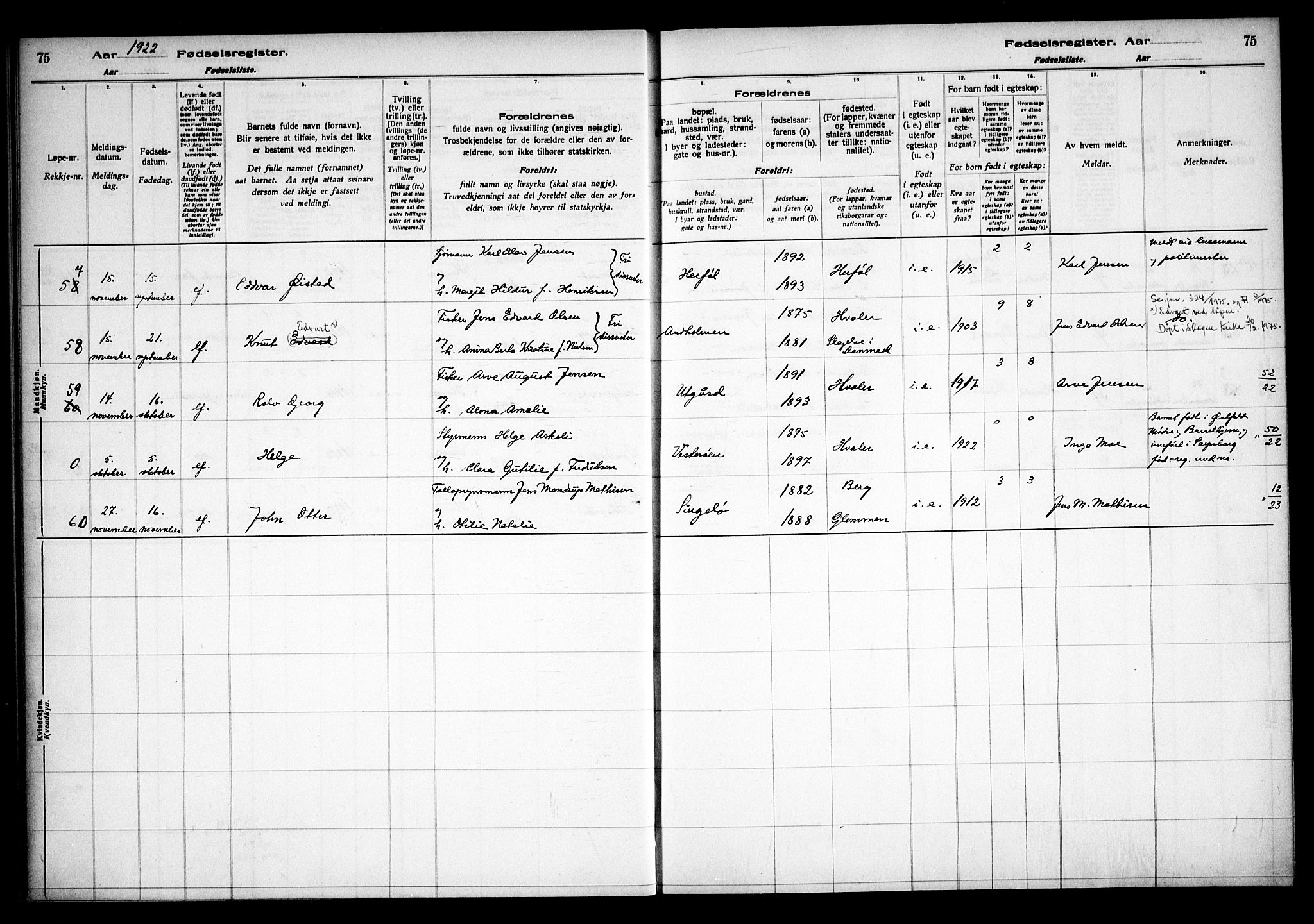 Hvaler prestekontor Kirkebøker, AV/SAO-A-2001/J/Ja/L0001: Fødselsregister nr. I 1, 1916-1938, s. 75