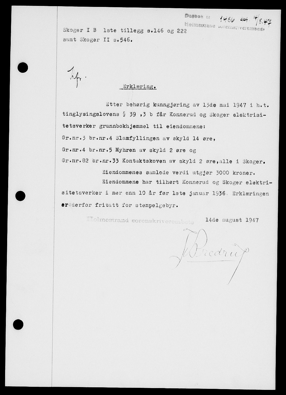 Holmestrand sorenskriveri, SAKO/A-67/G/Ga/Gaa/L0062: Pantebok nr. A-62, 1947-1947, Dagboknr: 1486/1947