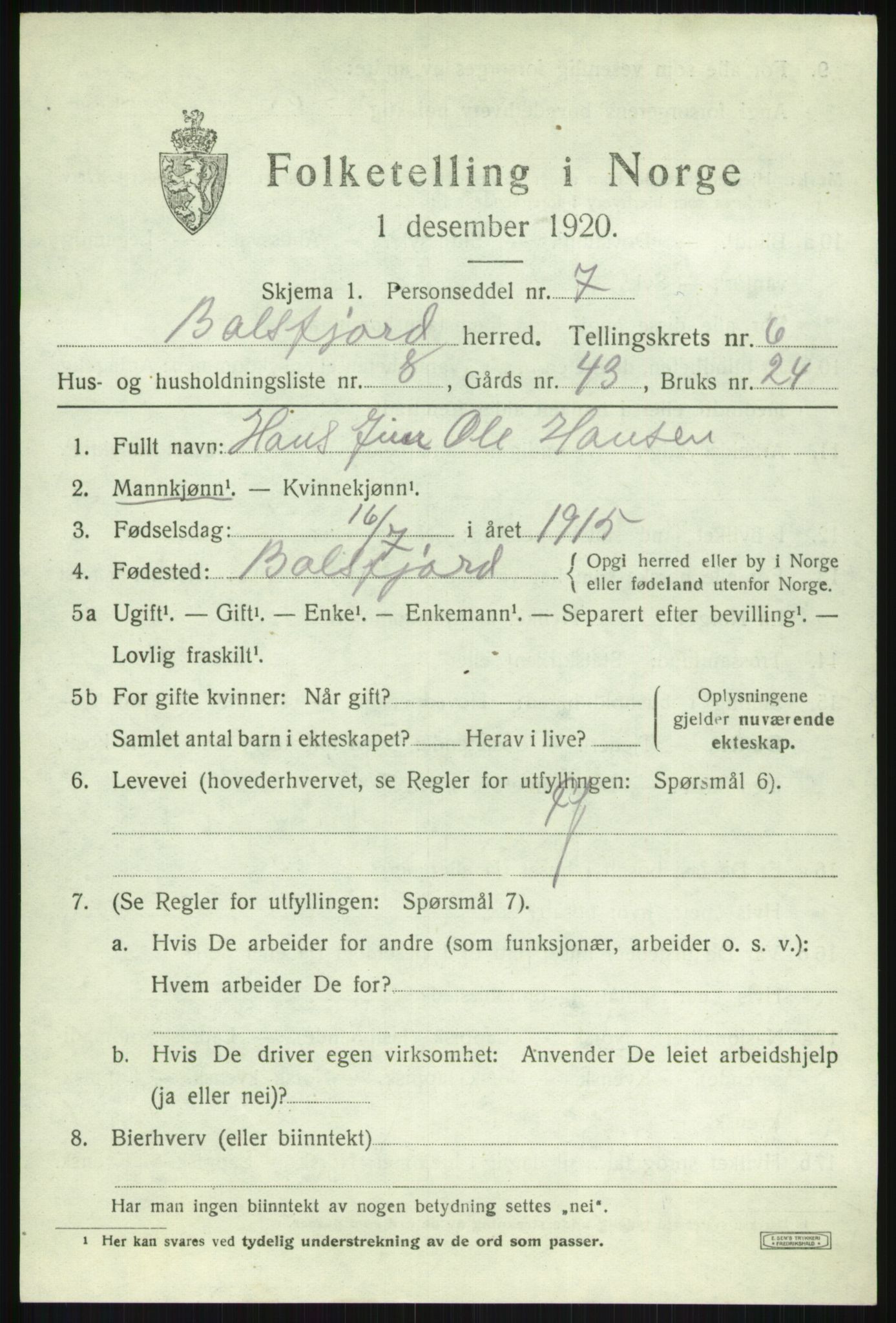 SATØ, Folketelling 1920 for 1933 Balsfjord herred, 1920, s. 3836