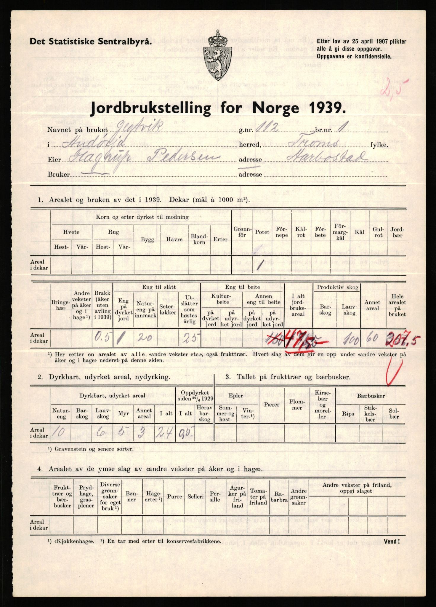 Statistisk sentralbyrå, Næringsøkonomiske emner, Jordbruk, skogbruk, jakt, fiske og fangst, AV/RA-S-2234/G/Gb/L0339: Troms: Andørja, Astafjord og Lavangen, 1939, s. 750