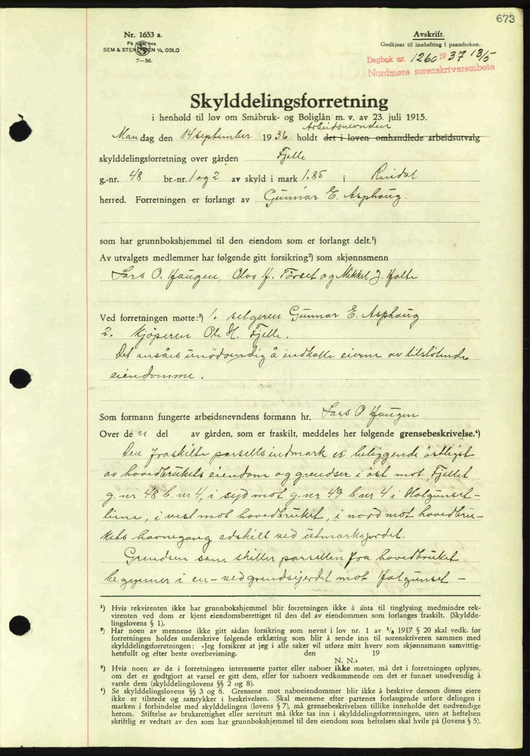 Nordmøre sorenskriveri, AV/SAT-A-4132/1/2/2Ca: Pantebok nr. A81, 1937-1937, Dagboknr: 1260/1937