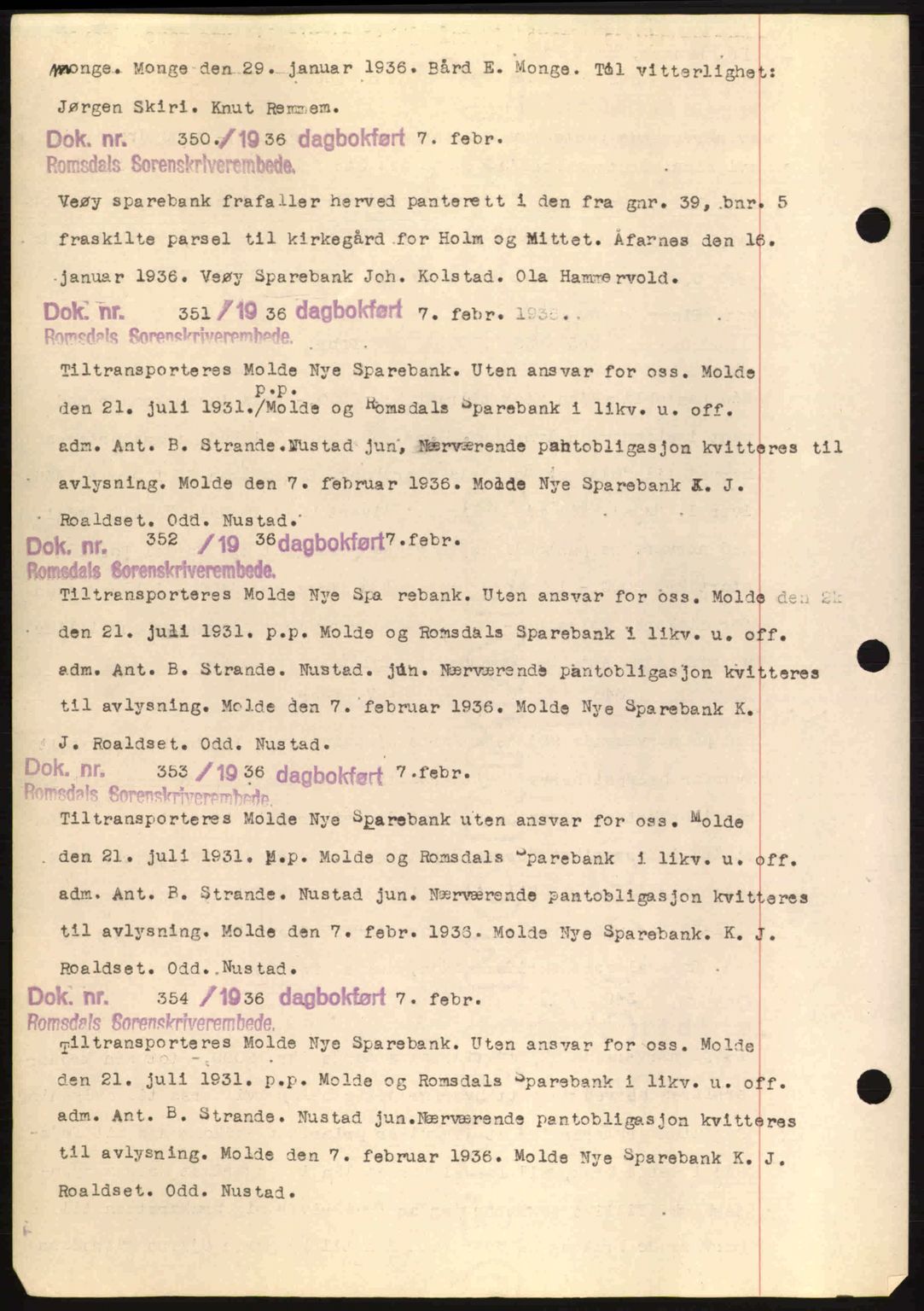 Romsdal sorenskriveri, AV/SAT-A-4149/1/2/2C: Pantebok nr. C1a, 1936-1945, Dagboknr: 350/1936