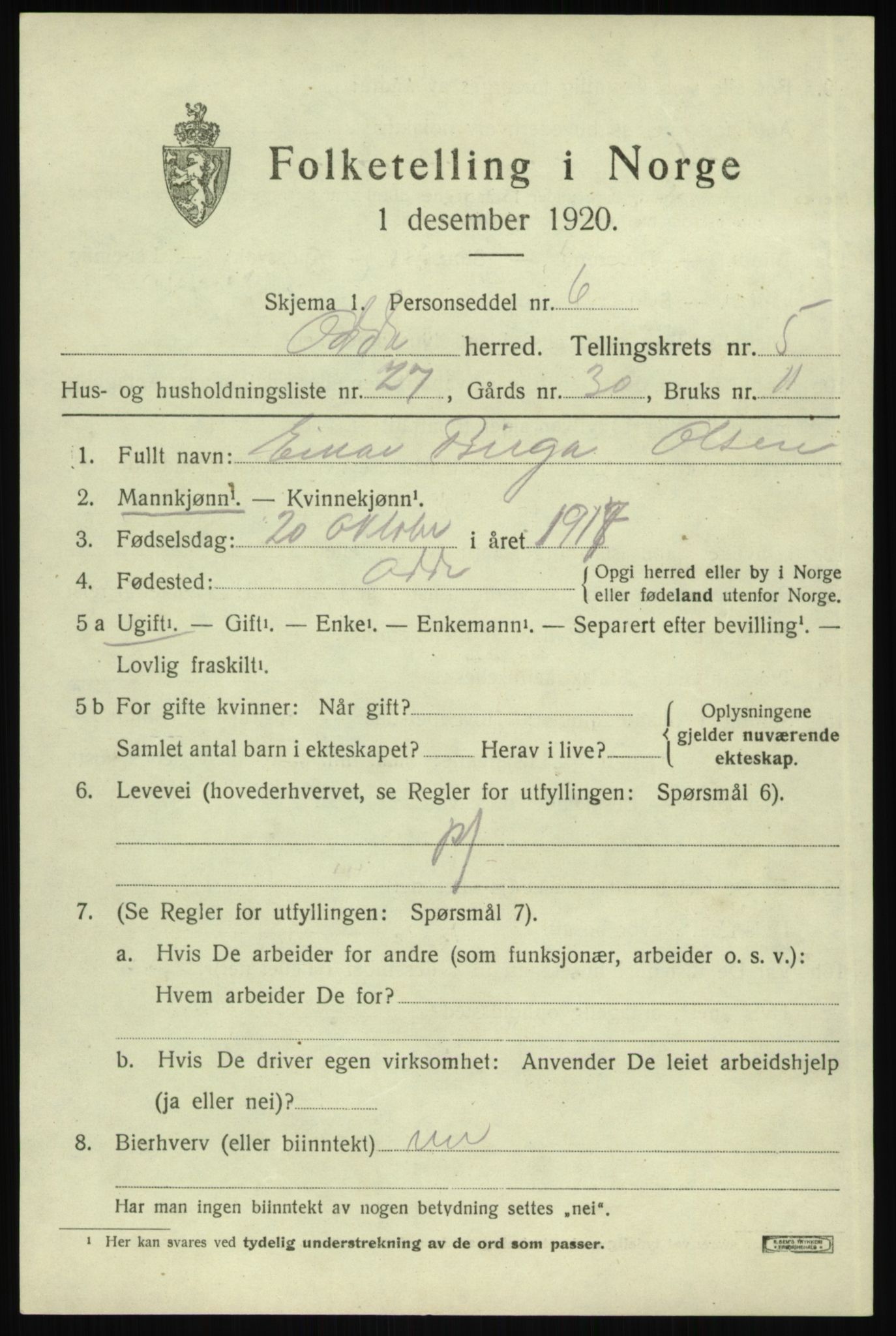 SAB, Folketelling 1920 for 1228 Odda herred, 1920, s. 3689