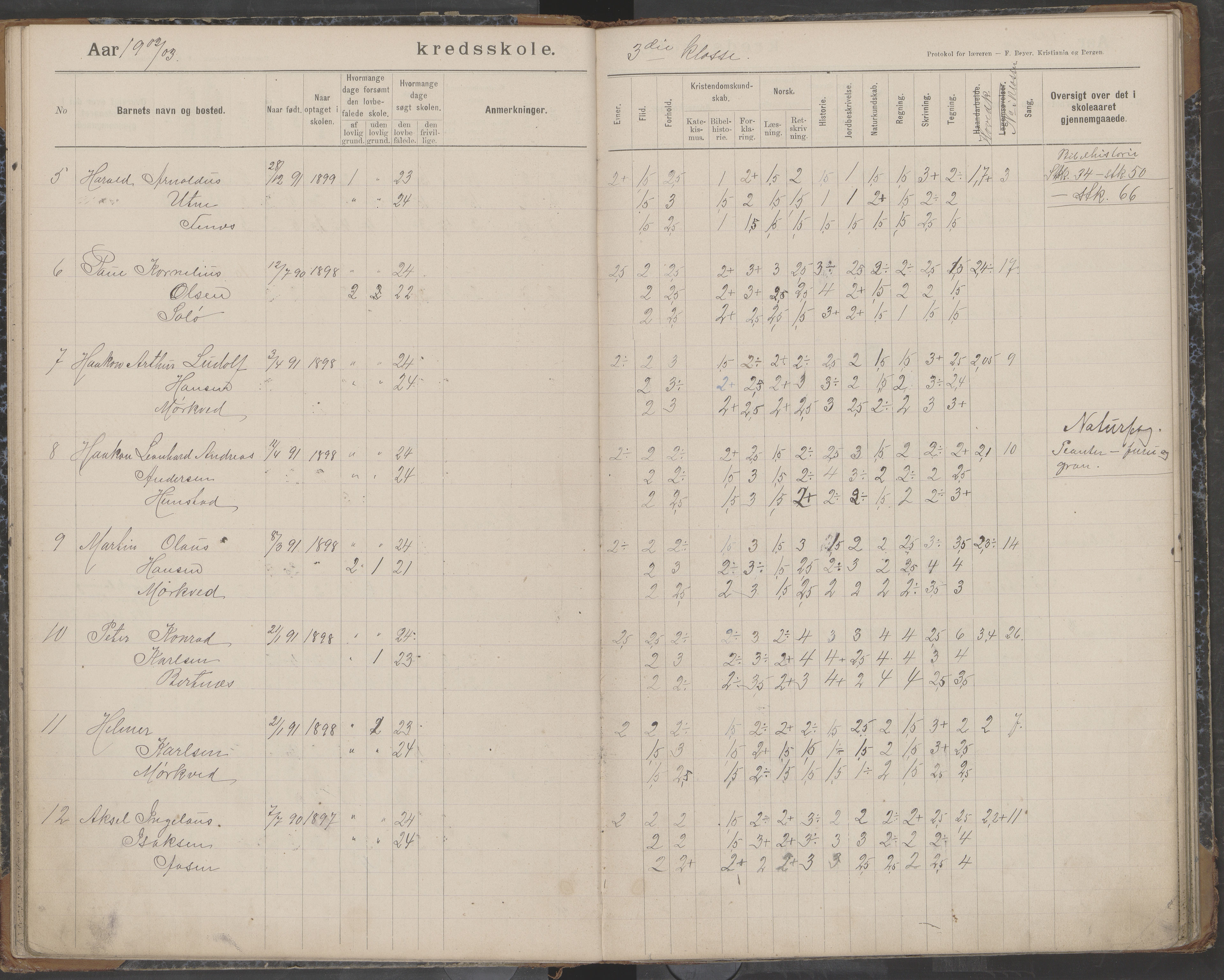 Bodin kommune. Støver skolekrets, AIN/K-18431.510.07/F/Fa/L0003: Skoleprotokoll, 1900-1909