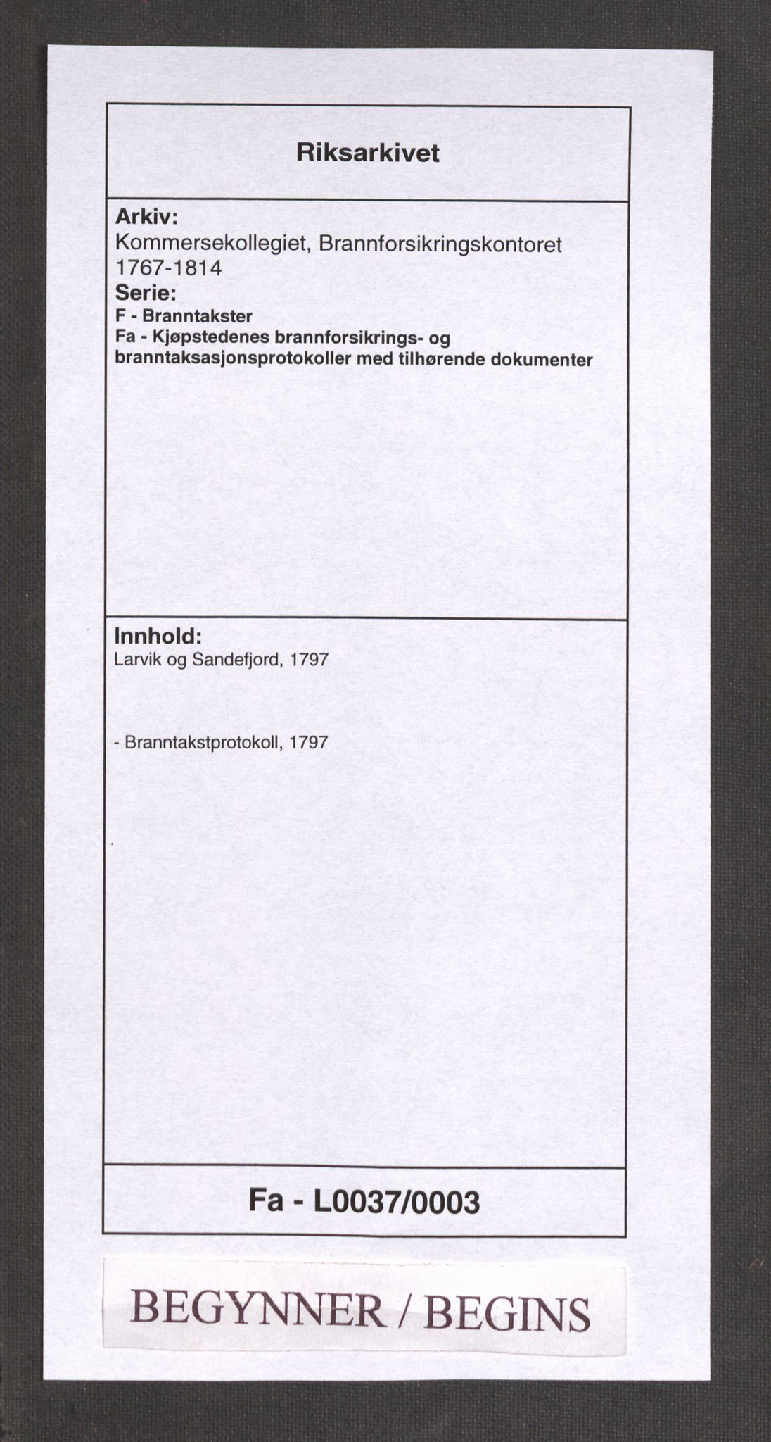 Kommersekollegiet, Brannforsikringskontoret 1767-1814, AV/RA-EA-5458/F/Fa/L0037/0003: Larvik og Sandefjord / Branntakstprotokoll, 1797