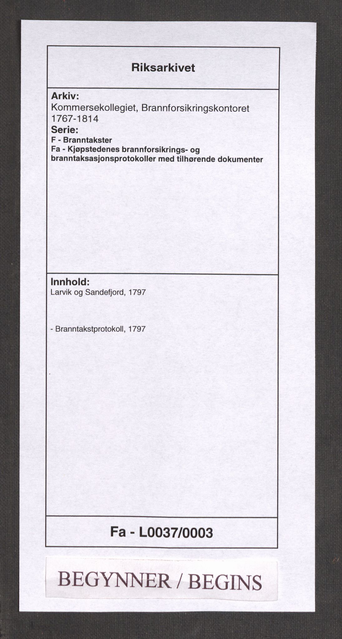 Kommersekollegiet, Brannforsikringskontoret 1767-1814, RA/EA-5458/F/Fa/L0037/0003: Larvik og Sandefjord / Branntakstprotokoll, 1797