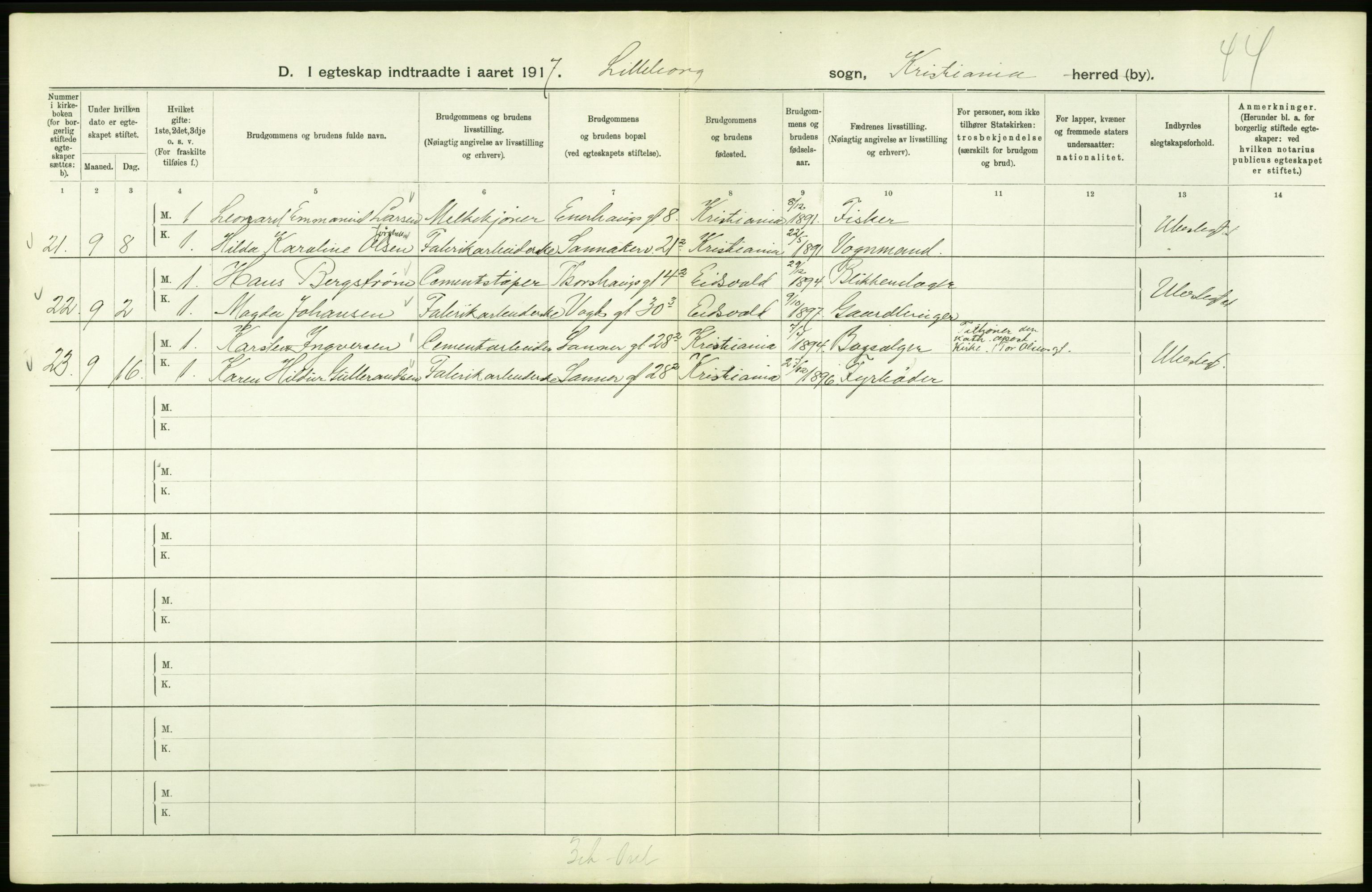 Statistisk sentralbyrå, Sosiodemografiske emner, Befolkning, AV/RA-S-2228/D/Df/Dfb/Dfbg/L0008: Kristiania: Gifte, 1917, s. 132