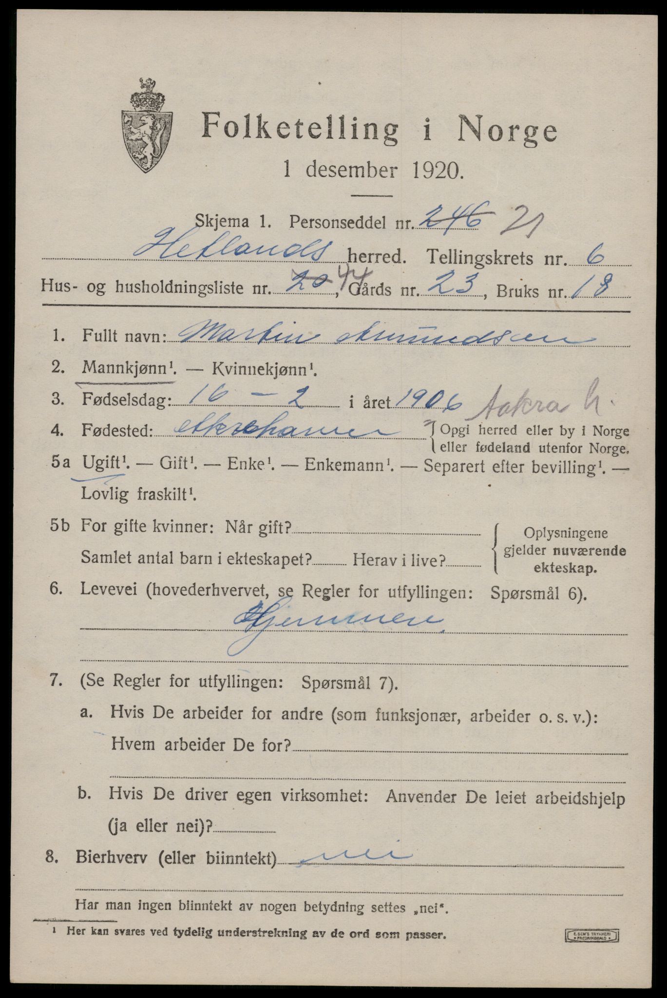 SAST, Folketelling 1920 for 1126 Hetland herred, 1920, s. 10155