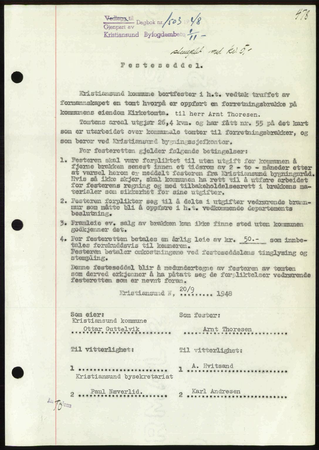Kristiansund byfogd, AV/SAT-A-4587/A/27: Pantebok nr. 44, 1947-1948, Dagboknr: 1503/1948
