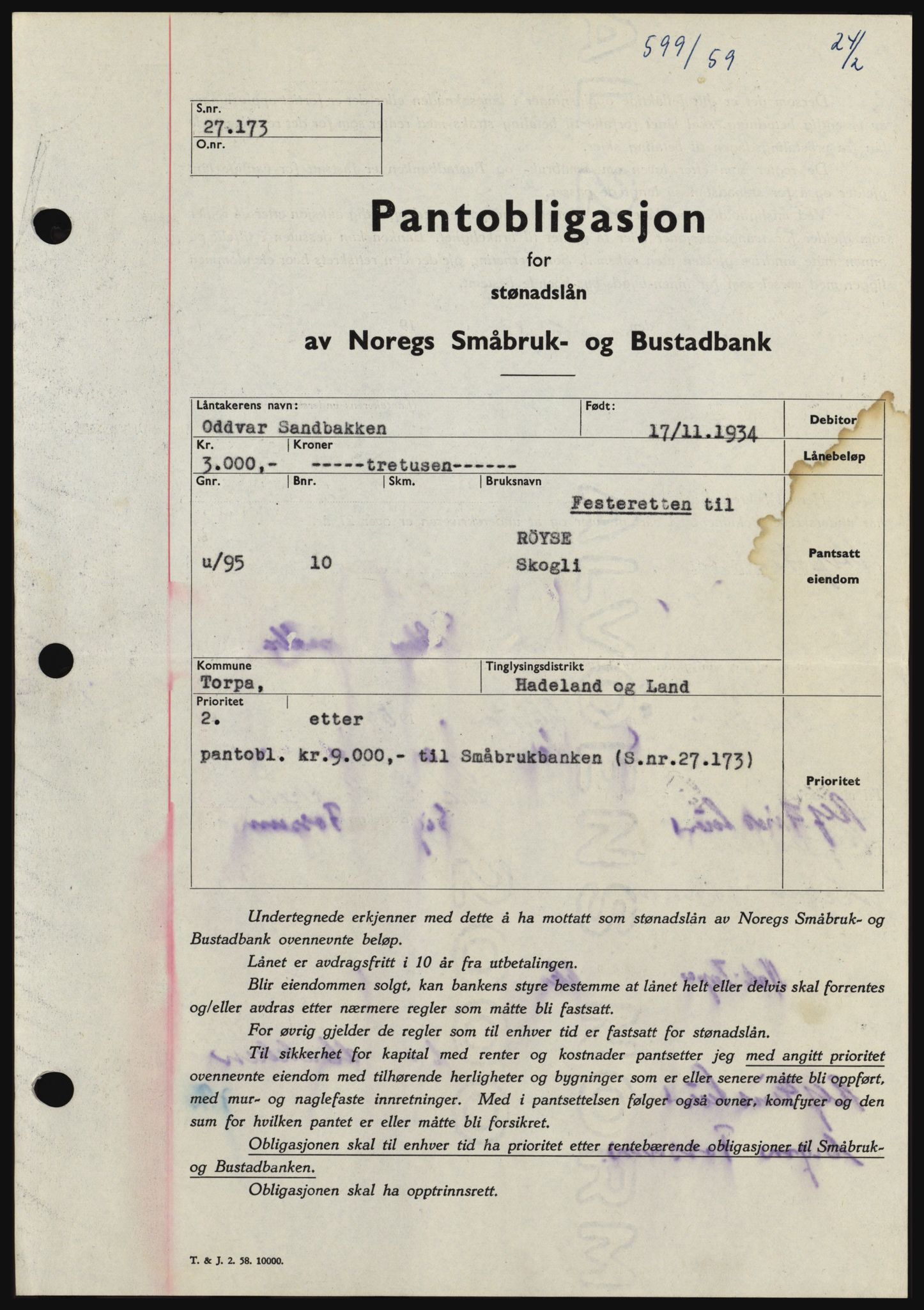 Hadeland og Land tingrett, SAH/TING-010/H/Hb/Hbc/L0040: Pantebok nr. B40, 1959-1959, Dagboknr: 599/1959