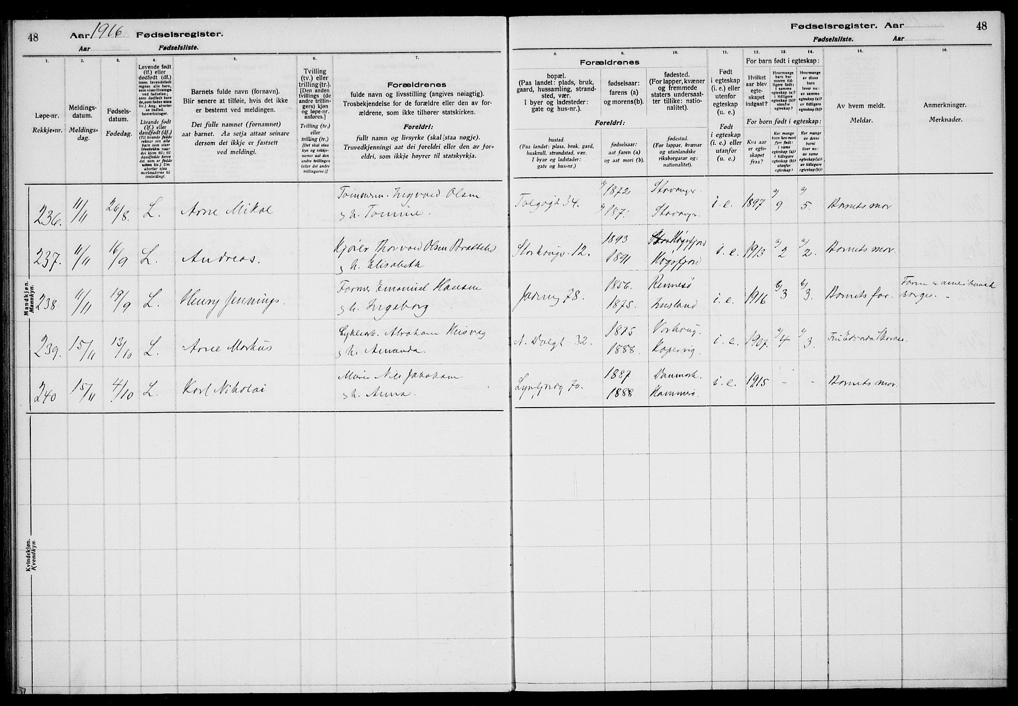 St. Johannes sokneprestkontor, AV/SAST-A-101814/002/A/L0001: Fødselsregister nr. 1, 1916-1919, s. 48
