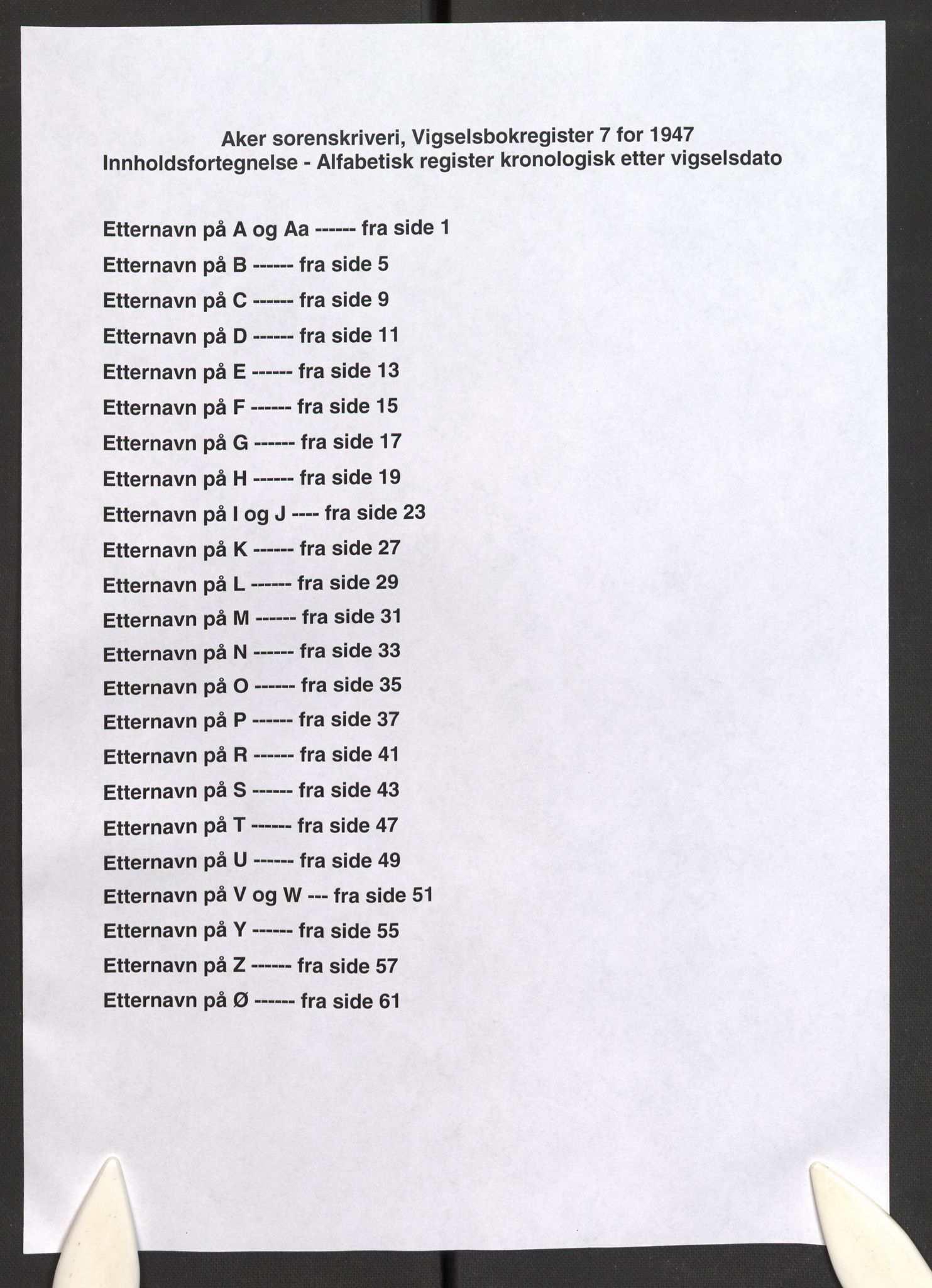 Aker sorenskriveri, AV/SAO-A-10895/L/Lc/Lca/L0001/0007: Register til vigselprotokoll / Register, 1947