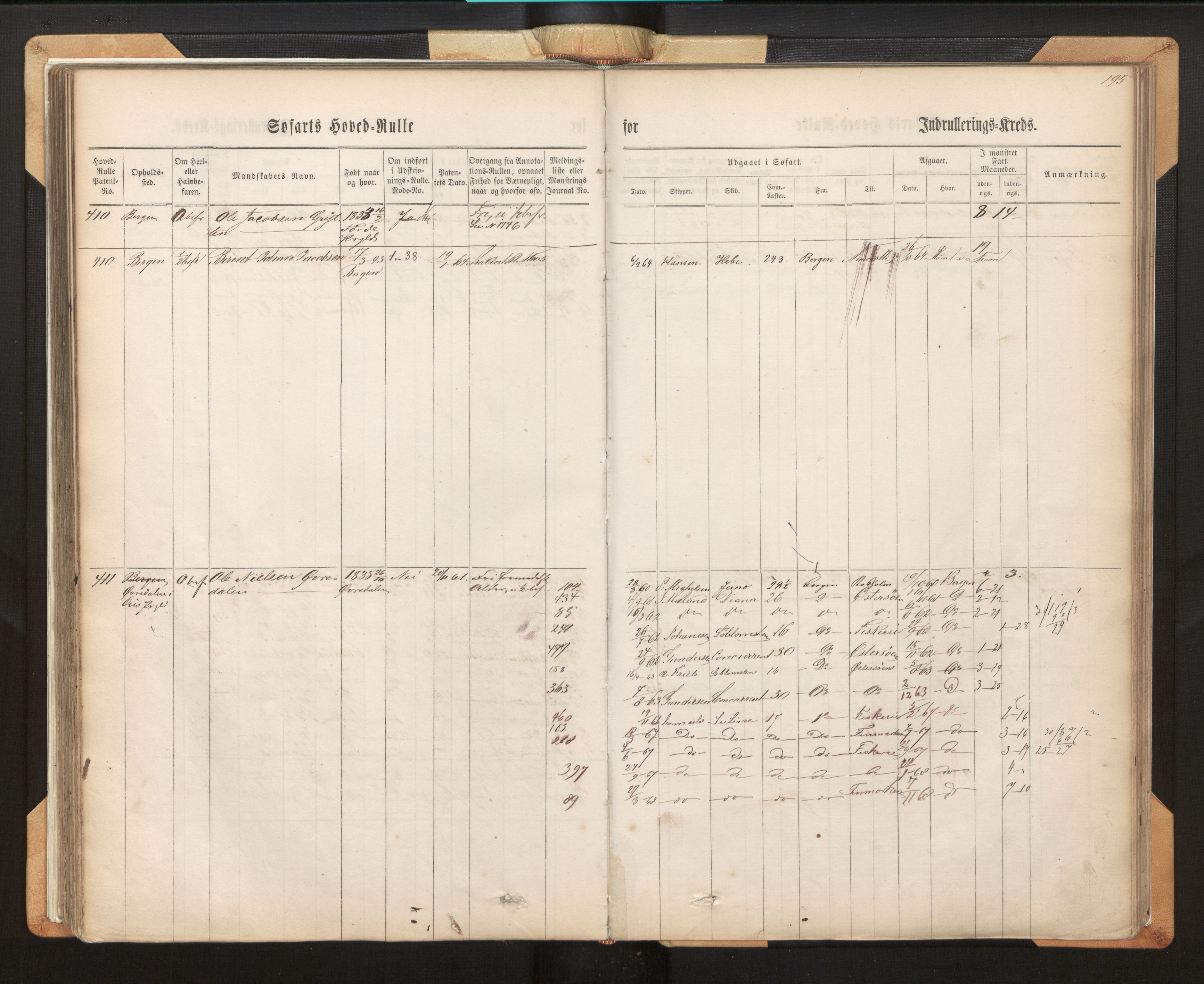 Innrulleringssjefen i Bergen, AV/SAB-A-100050/F/Fh/L0007: Sjøfarts-hovedrulle for Bergen krets, fol. 1 - 315, 1860-1865, s. 195