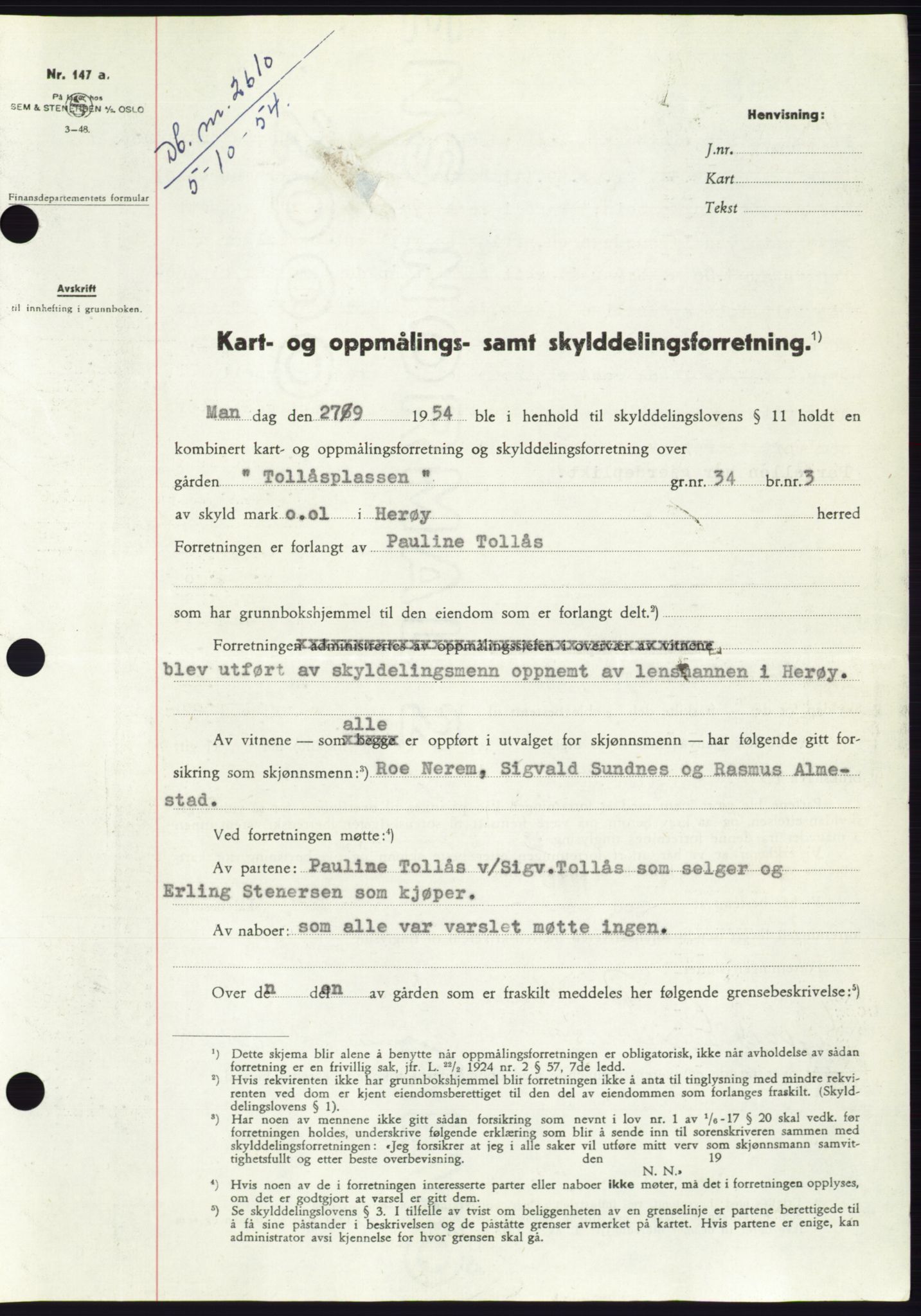 Søre Sunnmøre sorenskriveri, AV/SAT-A-4122/1/2/2C/L0099: Pantebok nr. 25A, 1954-1954, Dagboknr: 2610/1954