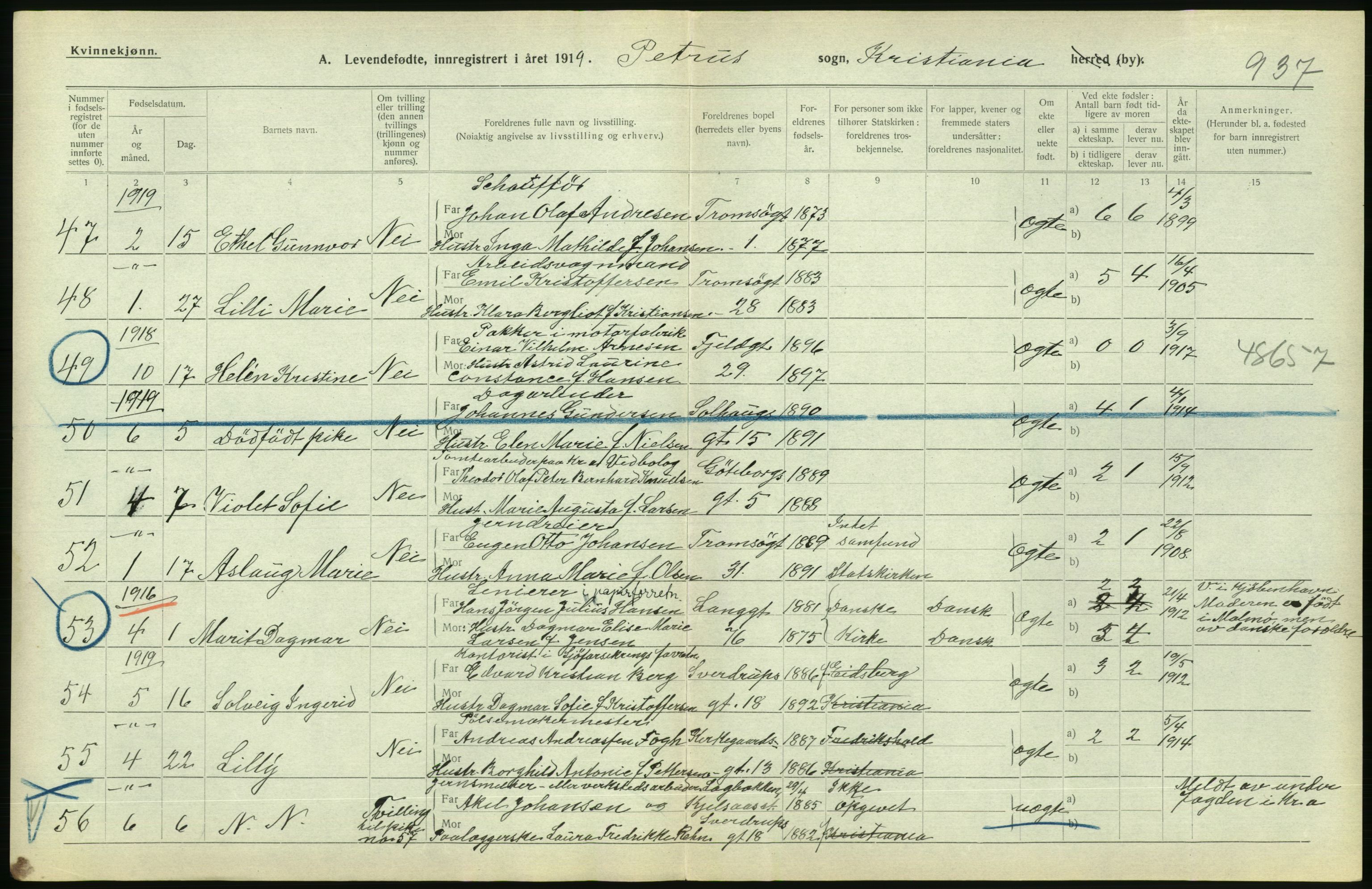 Statistisk sentralbyrå, Sosiodemografiske emner, Befolkning, AV/RA-S-2228/D/Df/Dfb/Dfbi/L0008: Kristiania: Levendefødte menn og kvinner., 1919