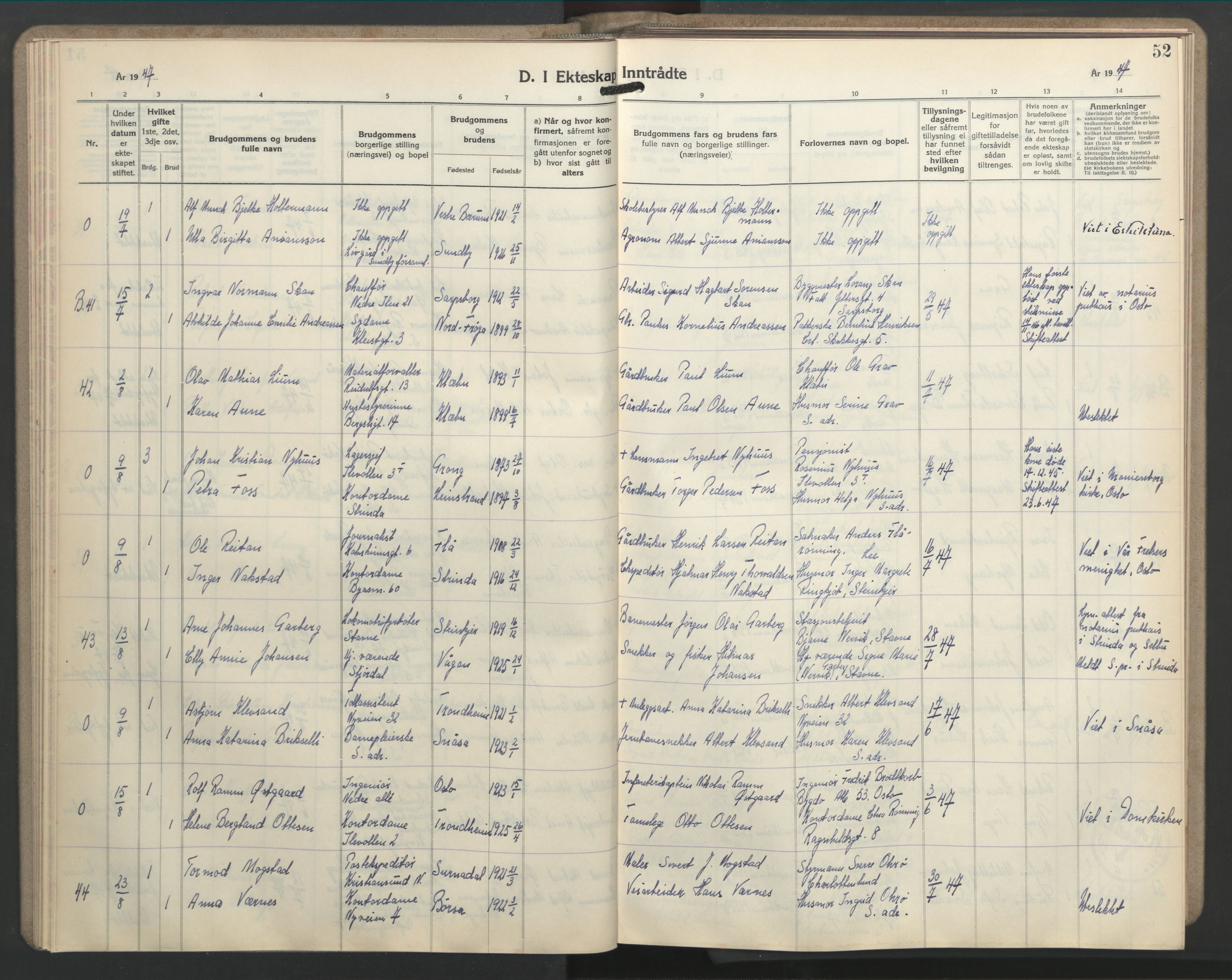 Ministerialprotokoller, klokkerbøker og fødselsregistre - Sør-Trøndelag, AV/SAT-A-1456/603/L0177: Klokkerbok nr. 603C05, 1941-1952, s. 52