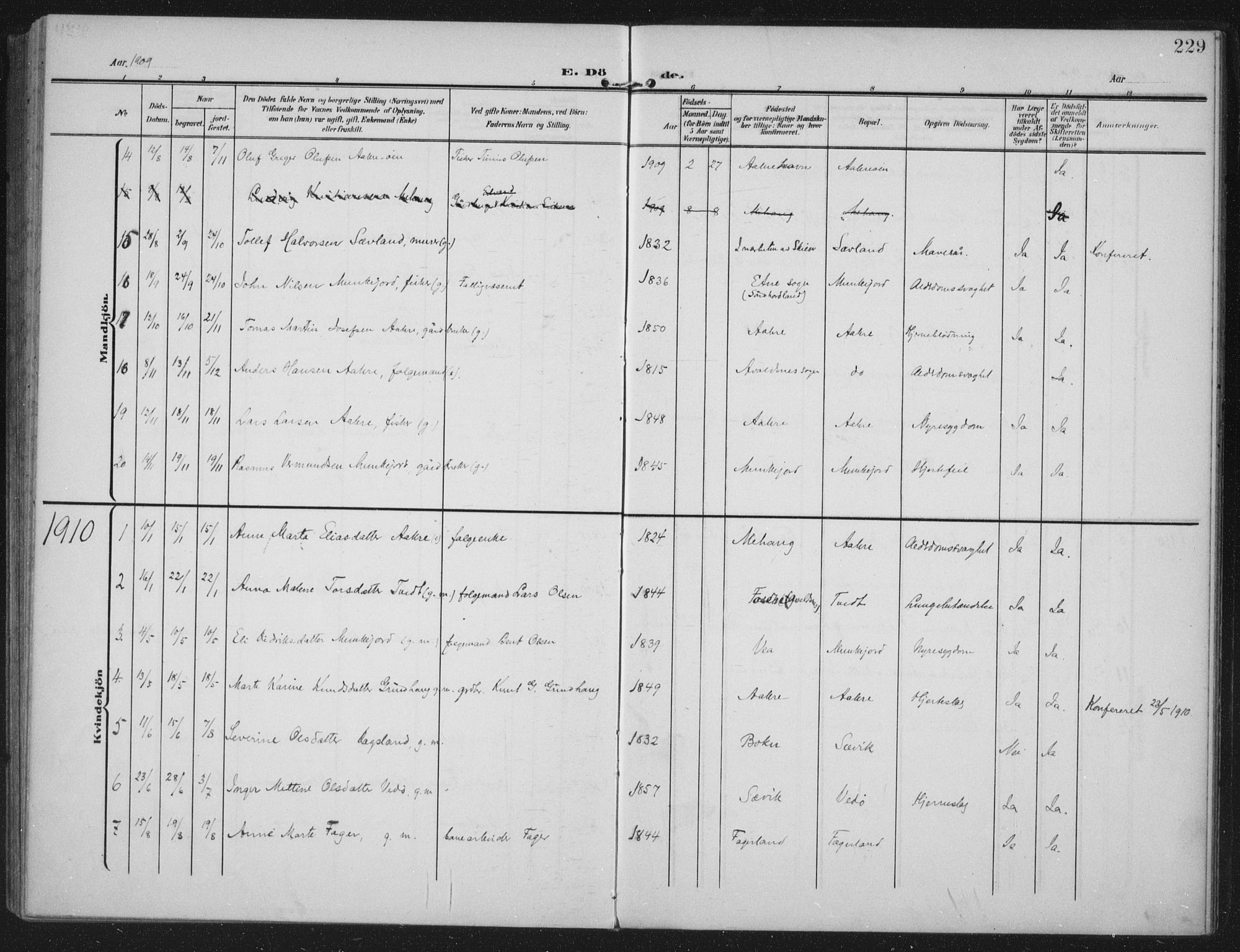 Kopervik sokneprestkontor, SAST/A-101850/H/Ha/Haa/L0005: Ministerialbok nr. A 5, 1906-1924, s. 229