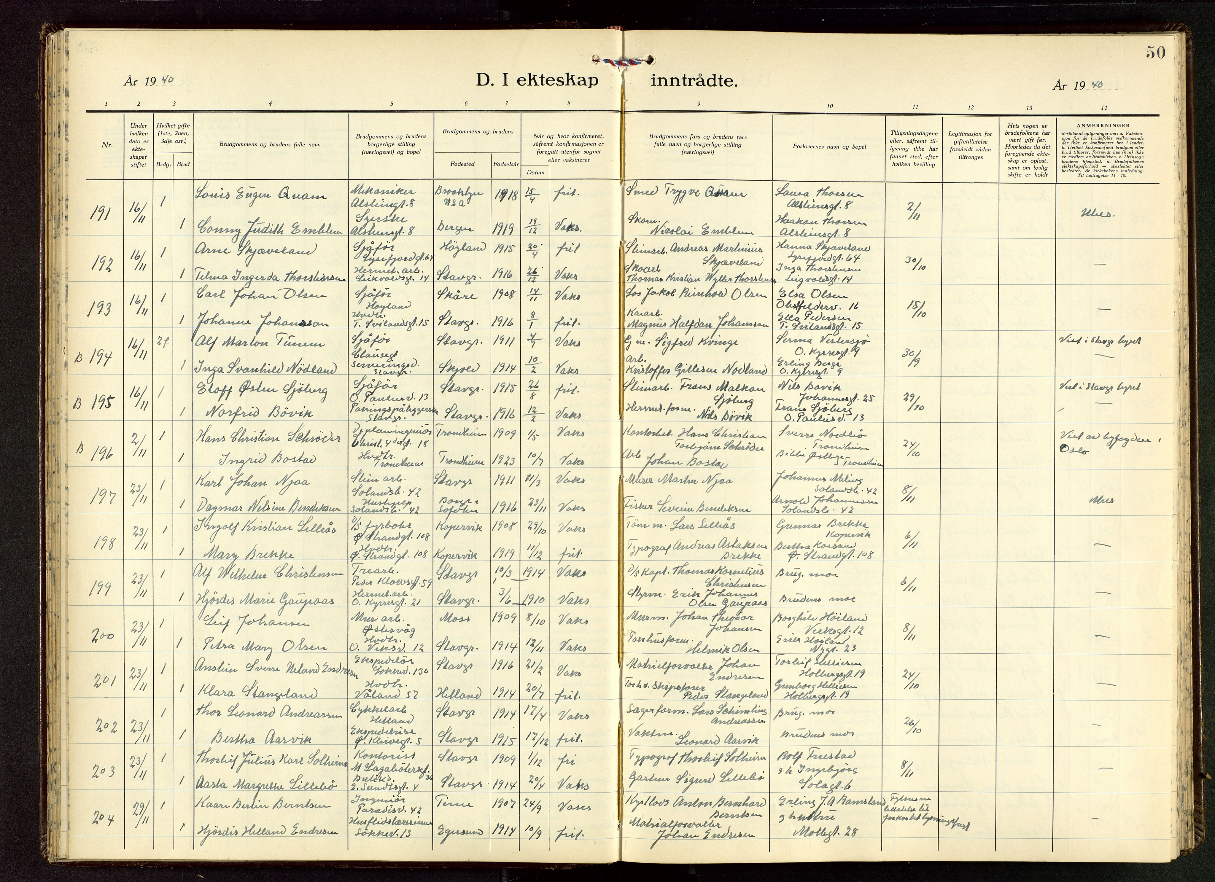 Domkirken sokneprestkontor, AV/SAST-A-101812/001/30/30BB/L0022: Klokkerbok nr. B 22, 1937-1949, s. 50