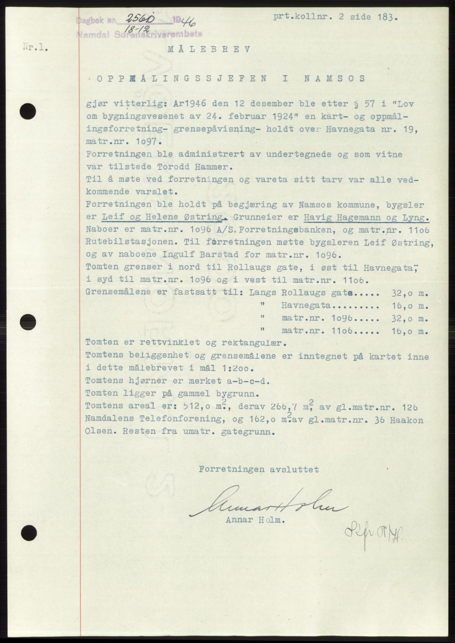 Namdal sorenskriveri, SAT/A-4133/1/2/2C: Pantebok nr. -, 1946-1947, Dagboknr: 2560/1946