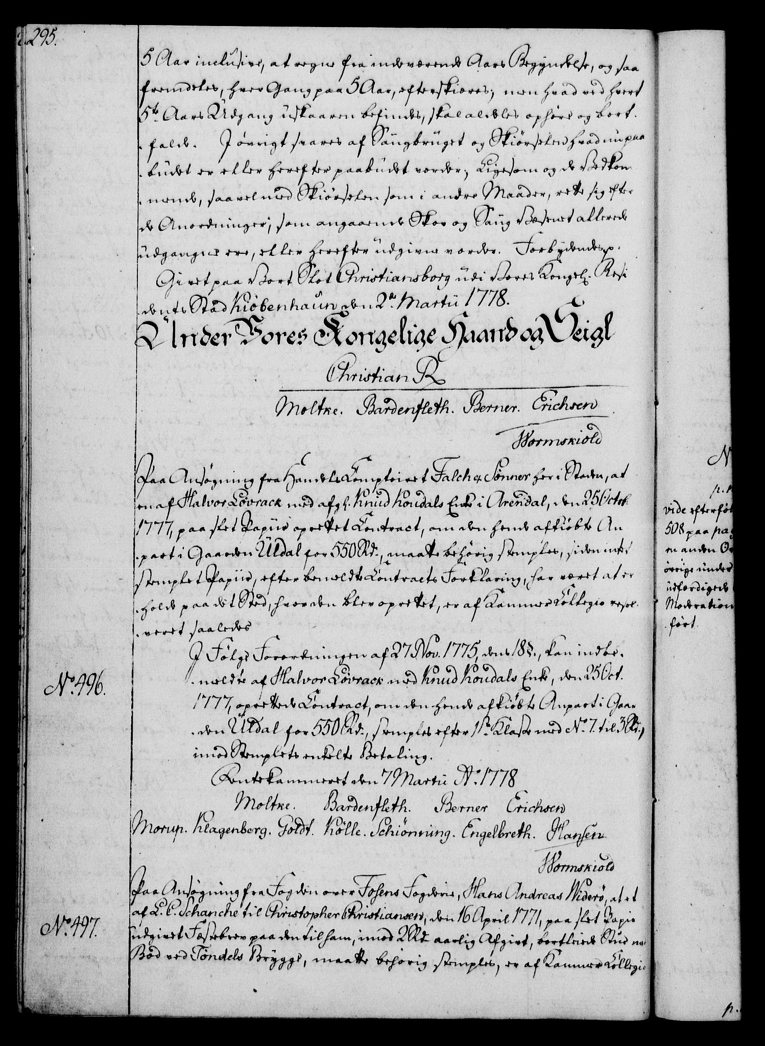 Rentekammeret, Kammerkanselliet, AV/RA-EA-3111/G/Gg/Gga/L0010: Norsk ekspedisjonsprotokoll med register (merket RK 53.10), 1773-1778, s. 295