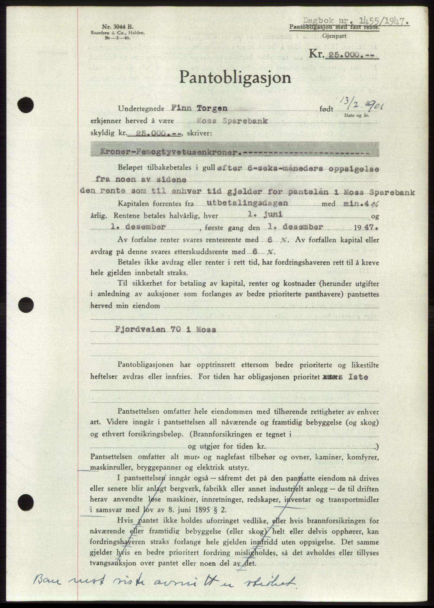 Moss sorenskriveri, SAO/A-10168: Pantebok nr. B17, 1947-1947, Dagboknr: 1455/1947