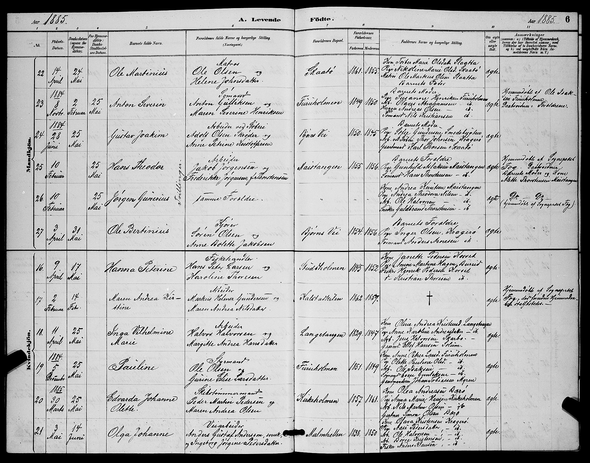 Skåtøy kirkebøker, AV/SAKO-A-304/G/Ga/L0003: Klokkerbok nr. I 3, 1884-1898, s. 6