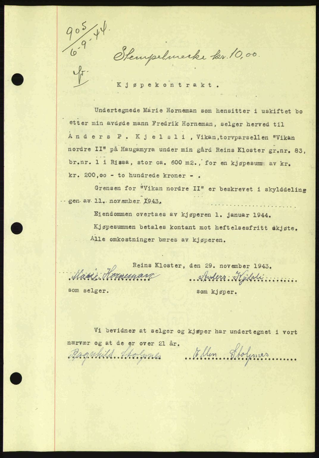 Fosen sorenskriveri, AV/SAT-A-1107/1/2/2C: Pantebok nr. A3, 1943-1945, Dagboknr: 905/1944