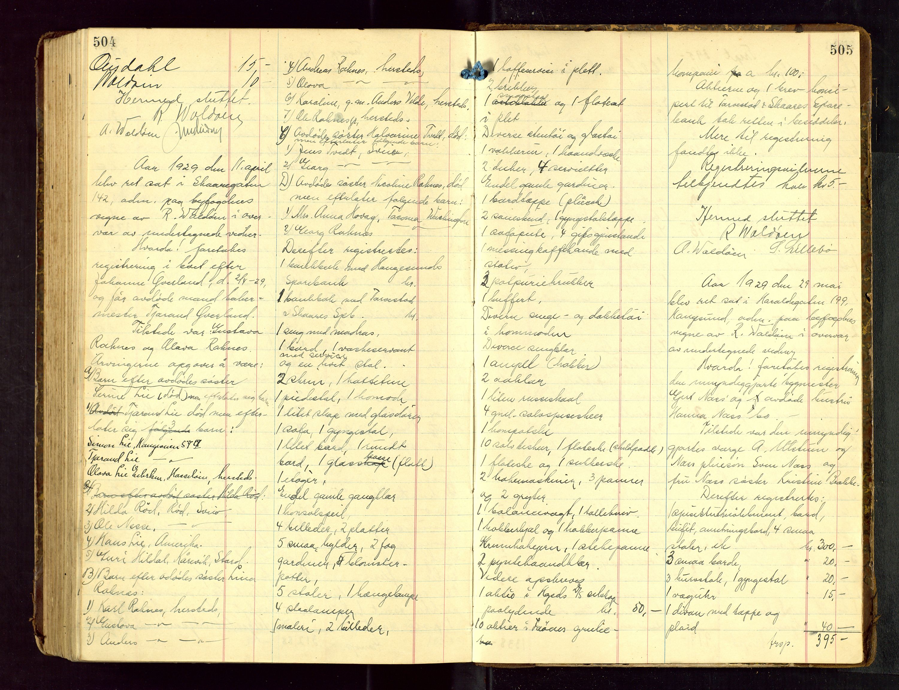 Haugesund tingrett, AV/SAST-A-101415/01/IV/IVB/L0005: Skifteregistreringsprotokoll, med register, 1923-1929, s. 504-505