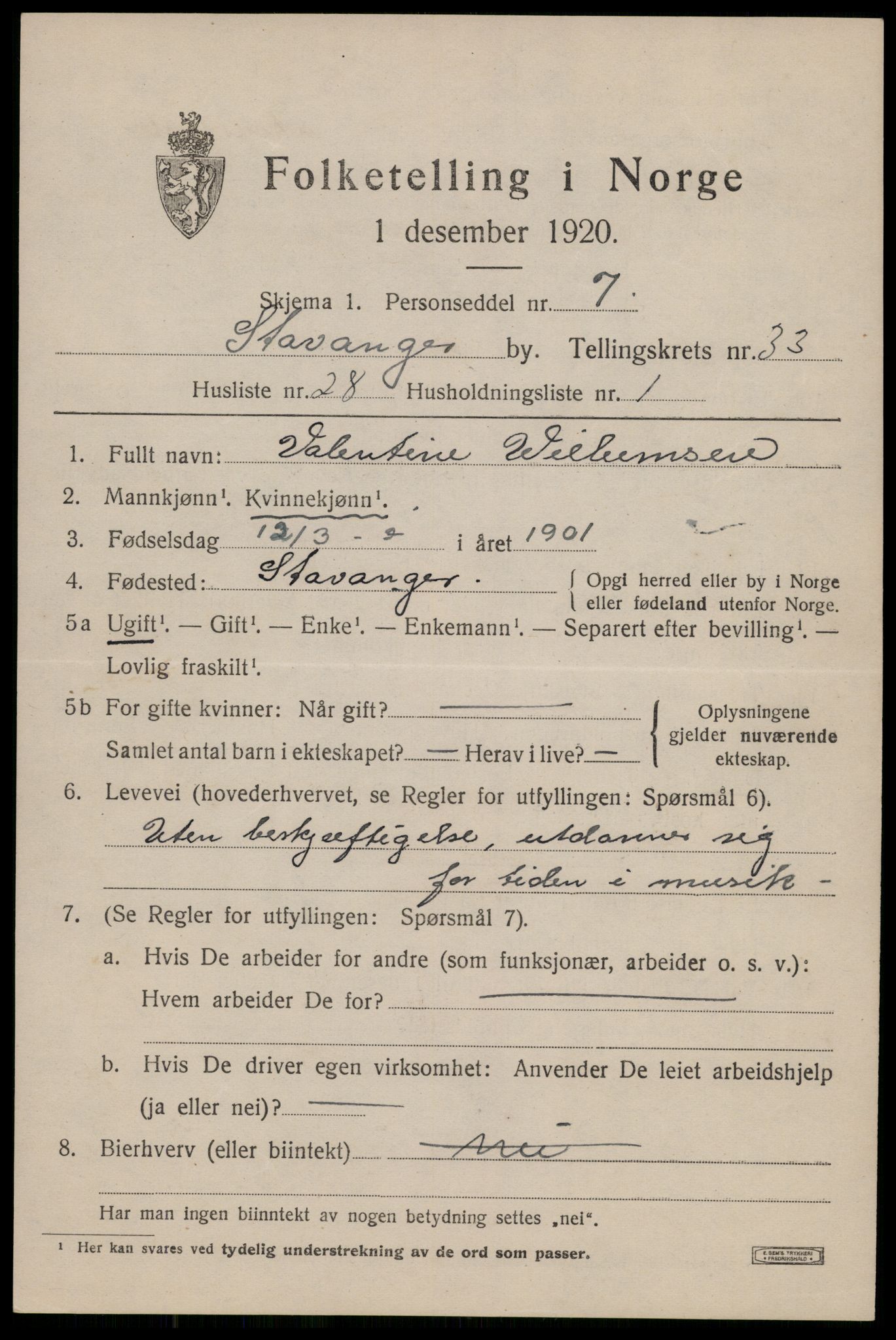 SAST, Folketelling 1920 for 1103 Stavanger kjøpstad, 1920, s. 91148