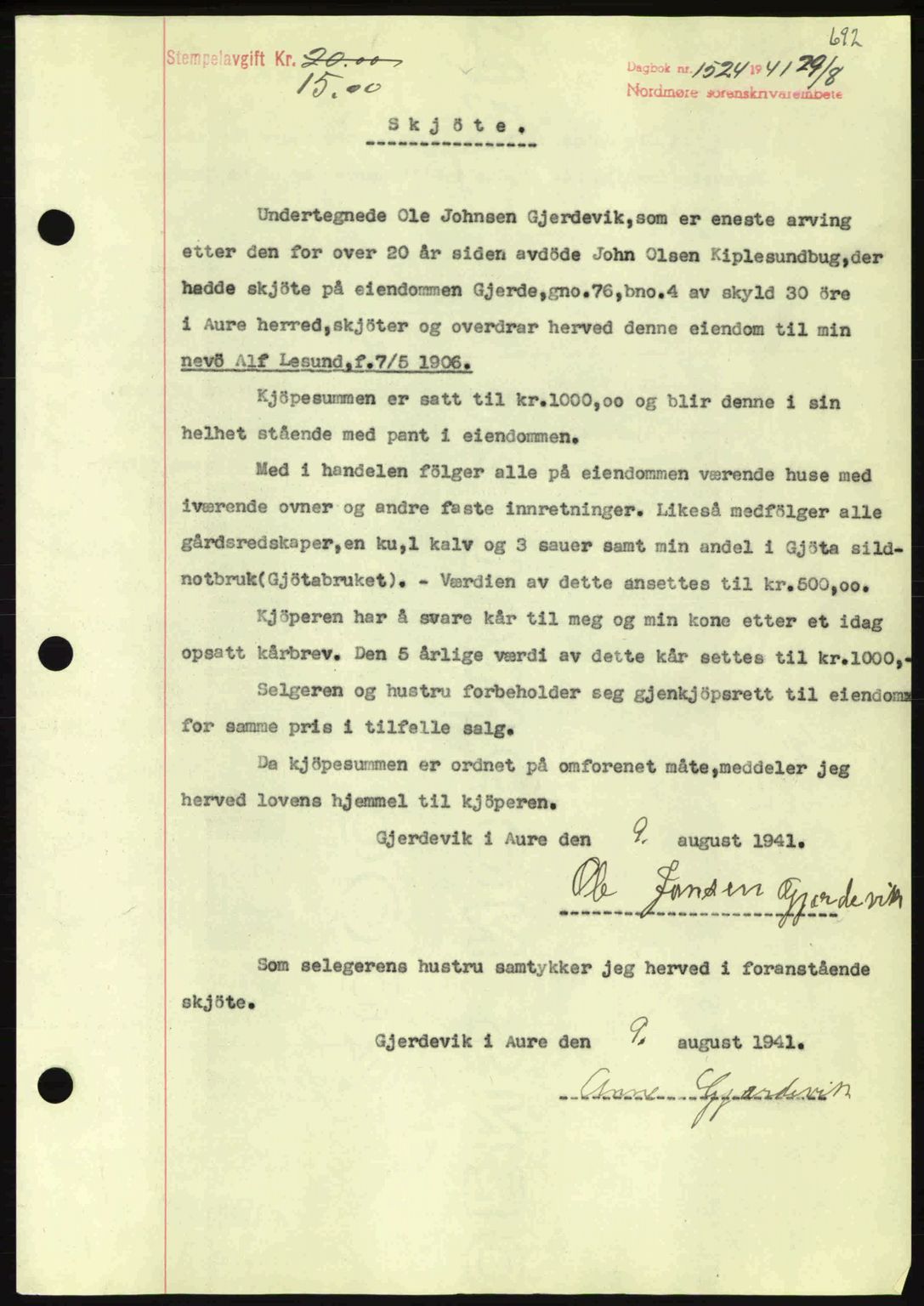 Nordmøre sorenskriveri, SAT/A-4132/1/2/2Ca: Pantebok nr. A90, 1941-1941, Dagboknr: 1524/1941