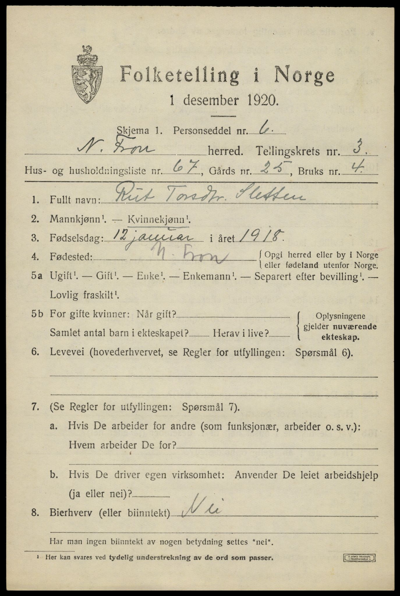 SAH, Folketelling 1920 for 0518 Nord-Fron herred, 1920, s. 3928