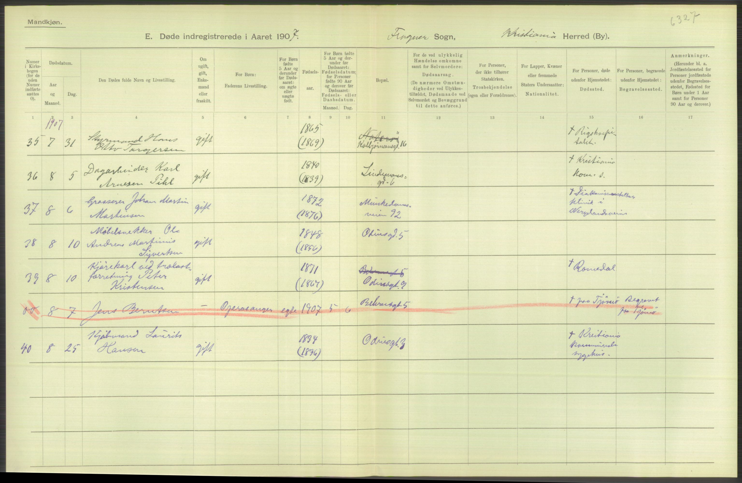 Statistisk sentralbyrå, Sosiodemografiske emner, Befolkning, AV/RA-S-2228/D/Df/Dfa/Dfae/L0010: Kristiania: Døde, dødfødte, 1907, s. 522