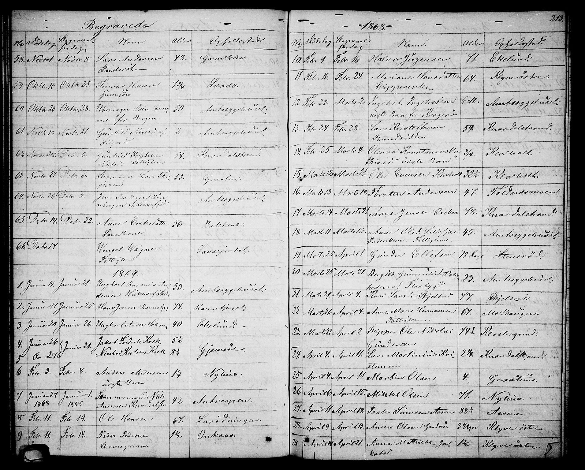 Solum kirkebøker, AV/SAKO-A-306/G/Ga/L0004: Klokkerbok nr. I 4, 1859-1876, s. 213