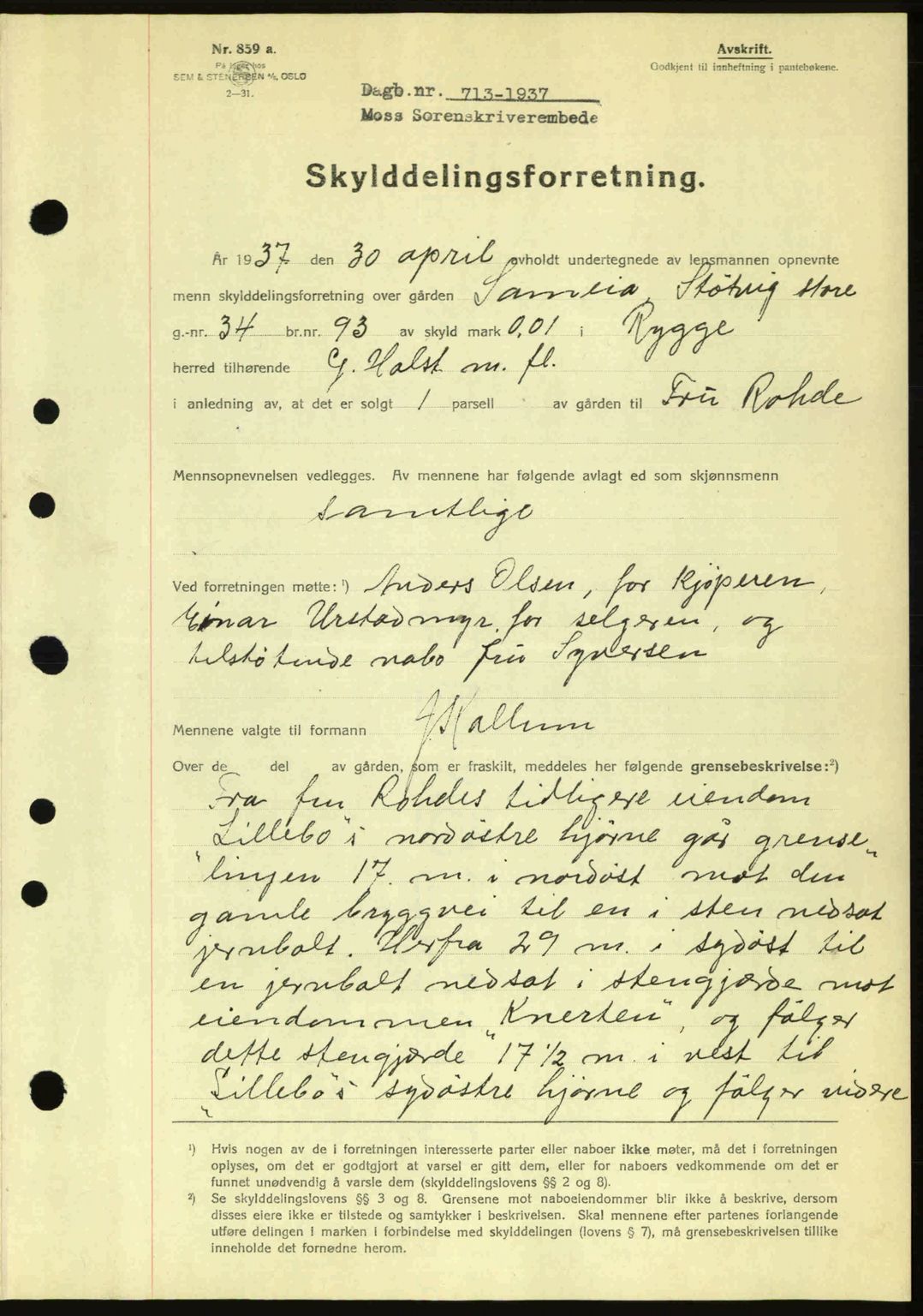 Moss sorenskriveri, SAO/A-10168: Pantebok nr. A2, 1936-1937, Dagboknr: 713/1937