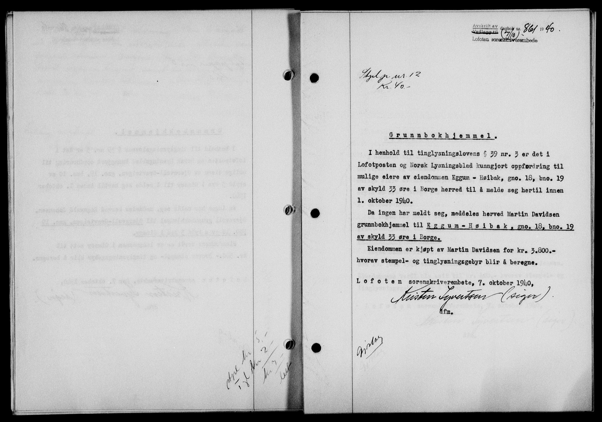 Lofoten sorenskriveri, SAT/A-0017/1/2/2C/L0007a: Pantebok nr. 7a, 1939-1940, Dagboknr: 861/1940