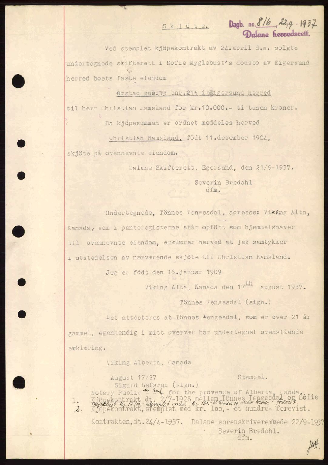 Dalane sorenskriveri, SAST/A-100309/02/G/Gb/L0041: Pantebok nr. A2, 1936-1937, Dagboknr: 816/1937
