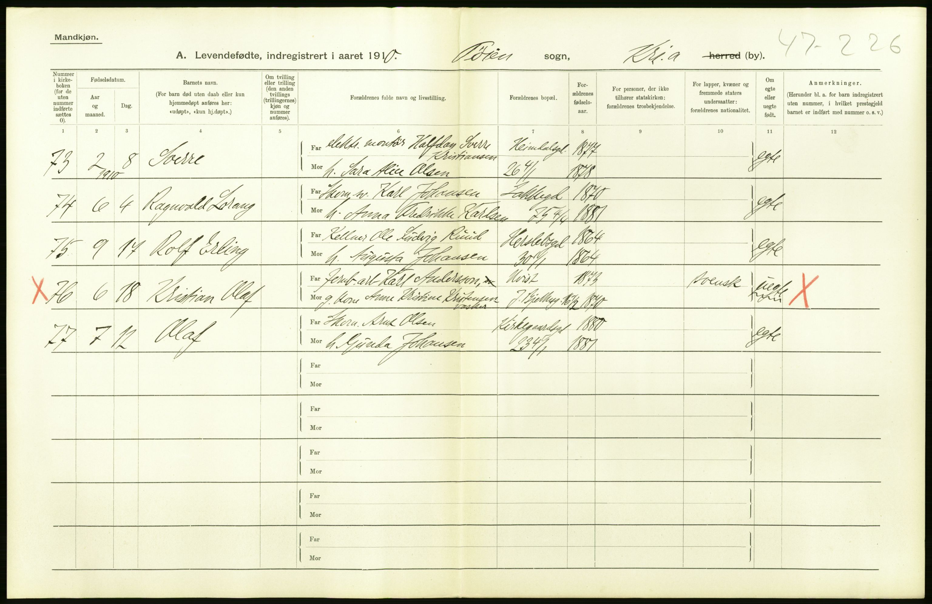 Statistisk sentralbyrå, Sosiodemografiske emner, Befolkning, AV/RA-S-2228/D/Df/Dfa/Dfah/L0006: Kristiania: Levendefødte menn., 1910, s. 8