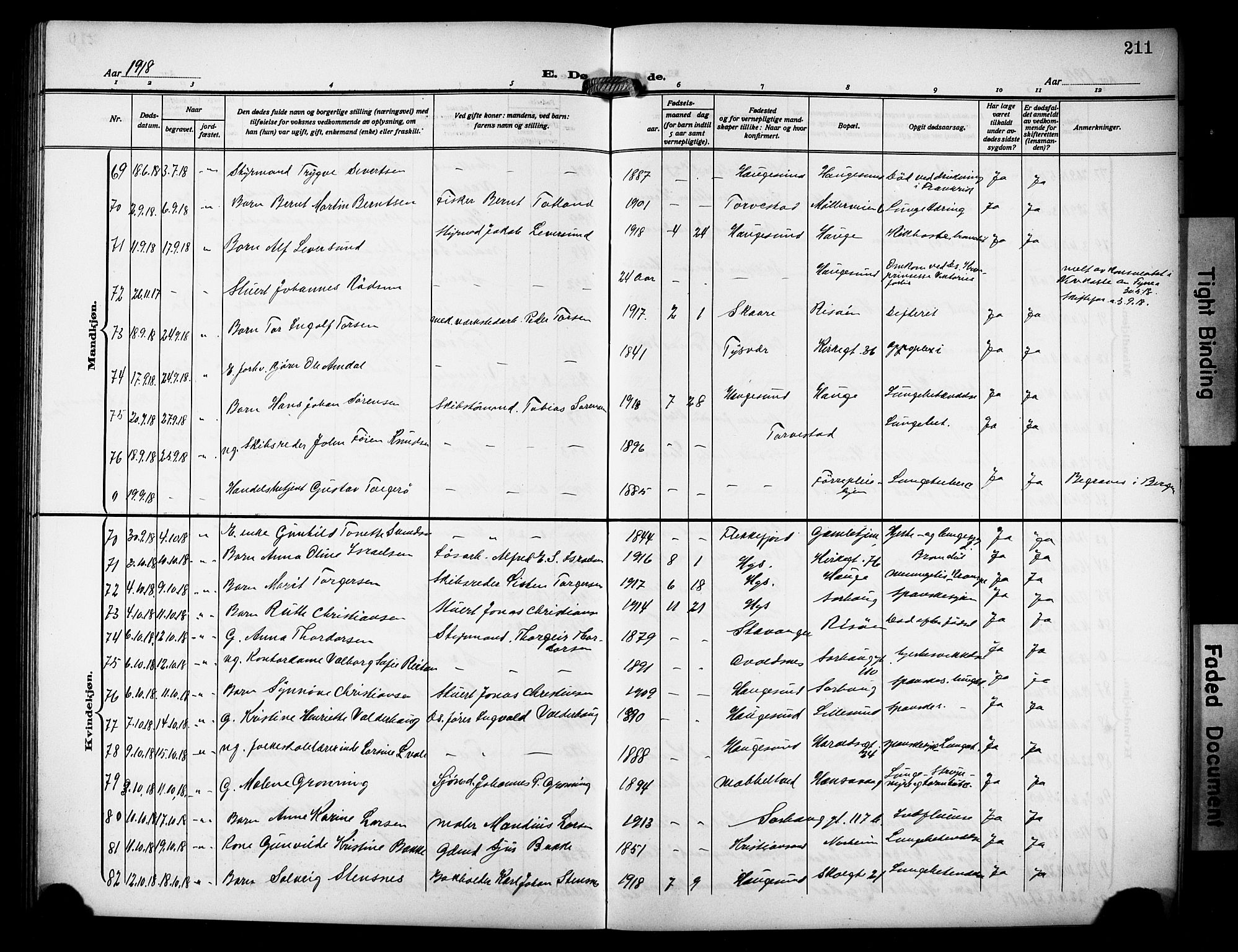 Haugesund sokneprestkontor, AV/SAST-A -101863/H/Ha/Hab/L0008: Klokkerbok nr. B 8, 1909-1921, s. 211