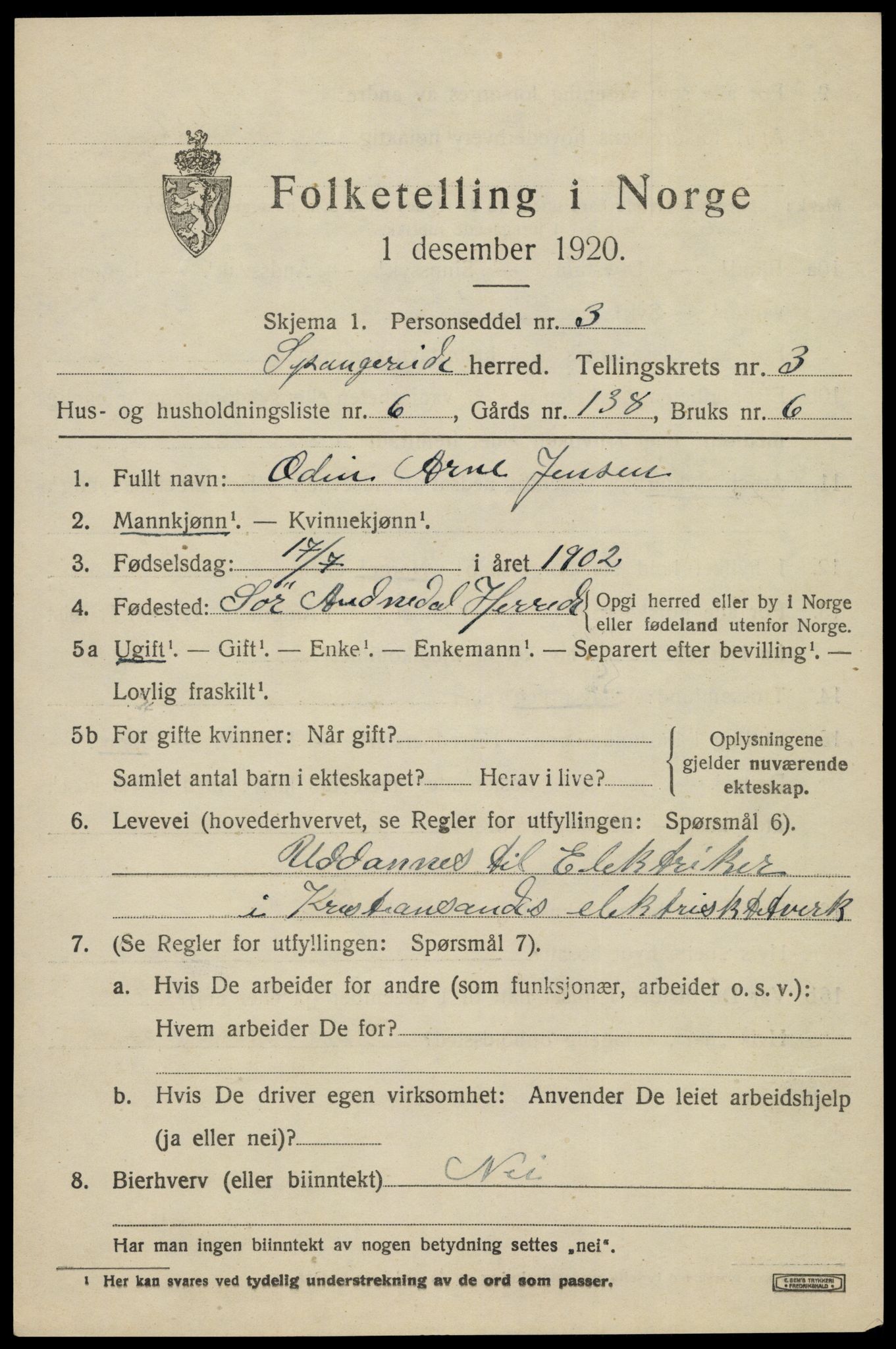 SAK, Folketelling 1920 for 1030 Spangereid herred, 1920, s. 1497