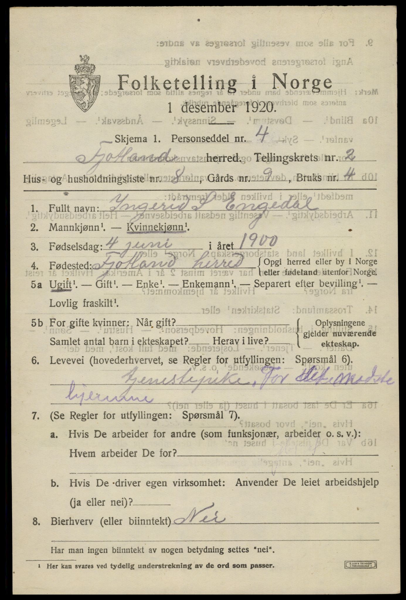 SAK, Folketelling 1920 for 1036 Fjotland herred, 1920, s. 766