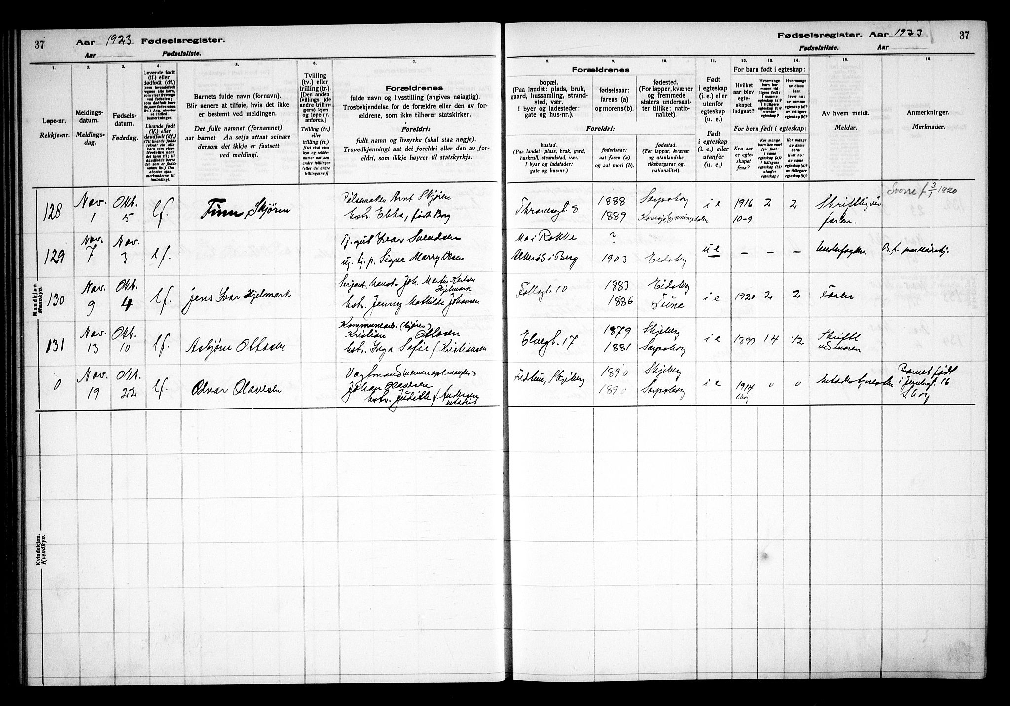 Sarpsborg prestekontor Kirkebøker, SAO/A-2006/J/Ja/L0002: Fødselsregister nr. 2, 1922-1928, s. 37