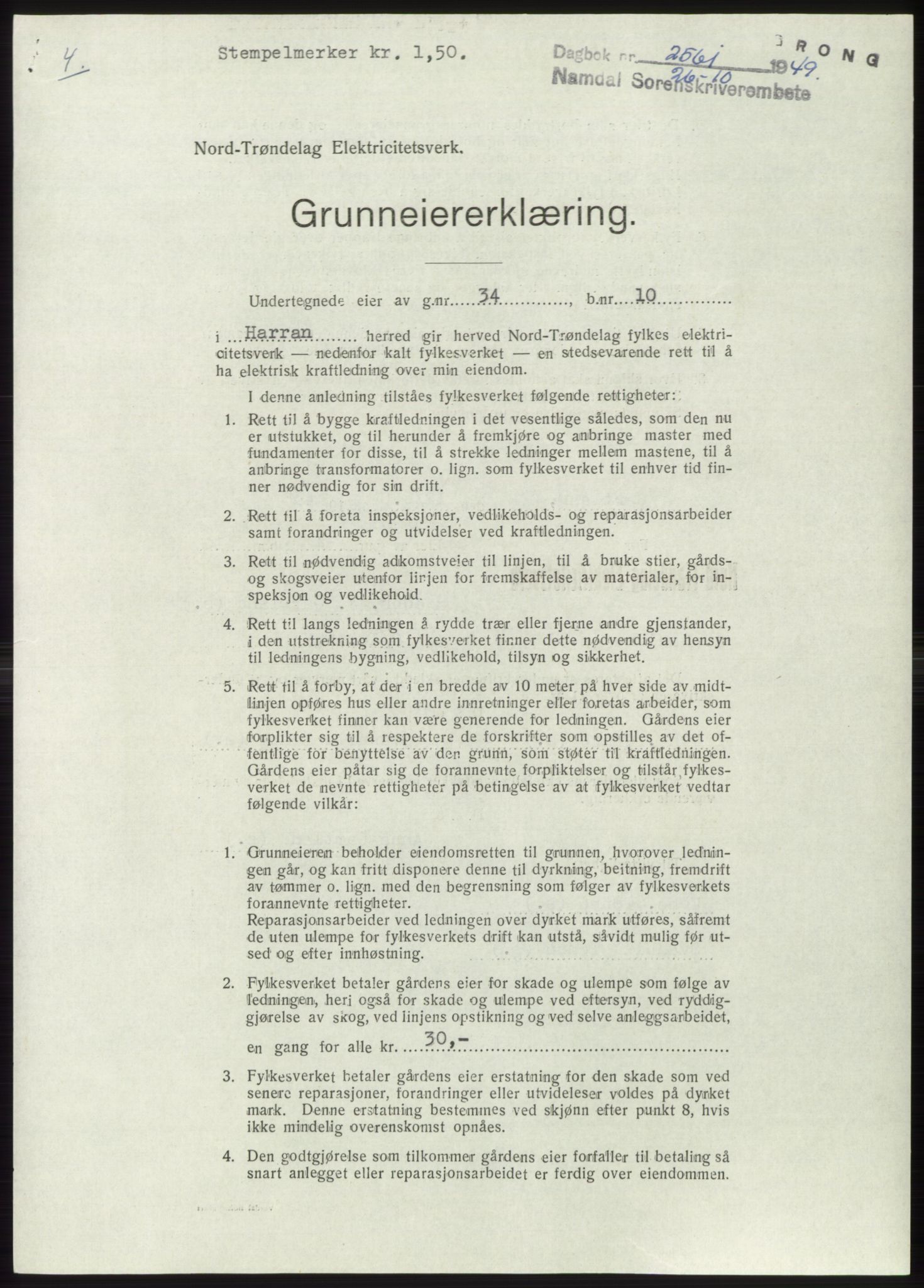 Namdal sorenskriveri, SAT/A-4133/1/2/2C: Pantebok nr. -, 1949-1949, Dagboknr: 2561/1949