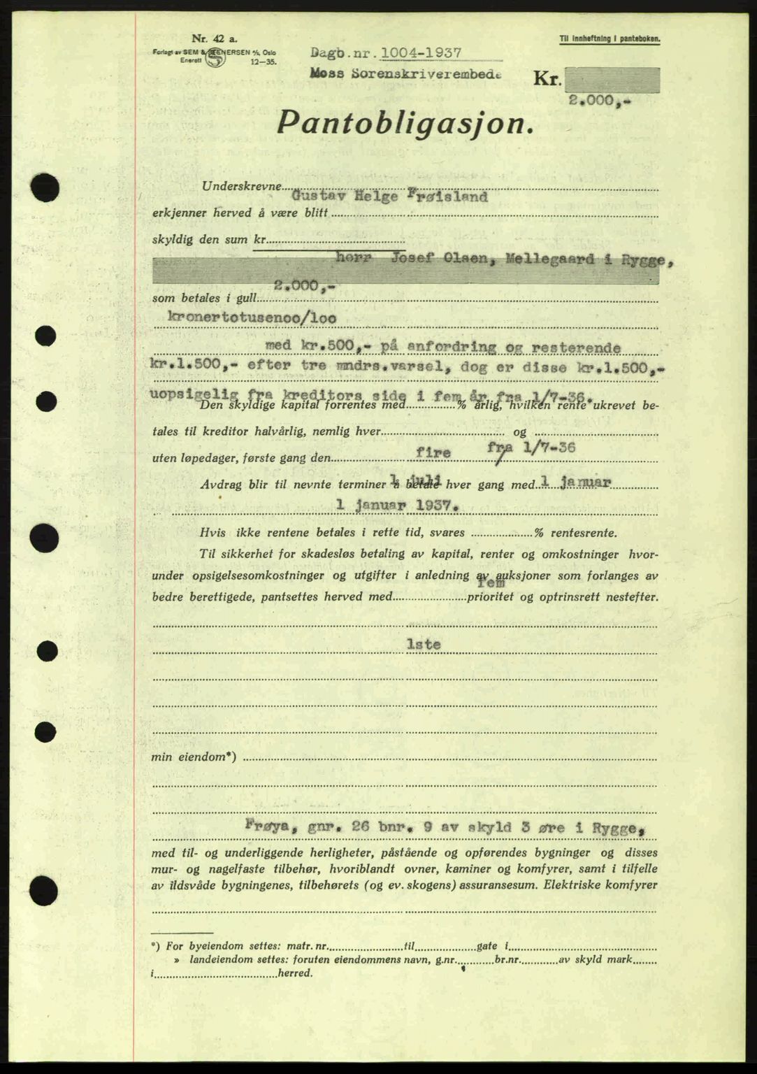 Moss sorenskriveri, SAO/A-10168: Pantebok nr. B3, 1937-1937, Dagboknr: 1004/1937
