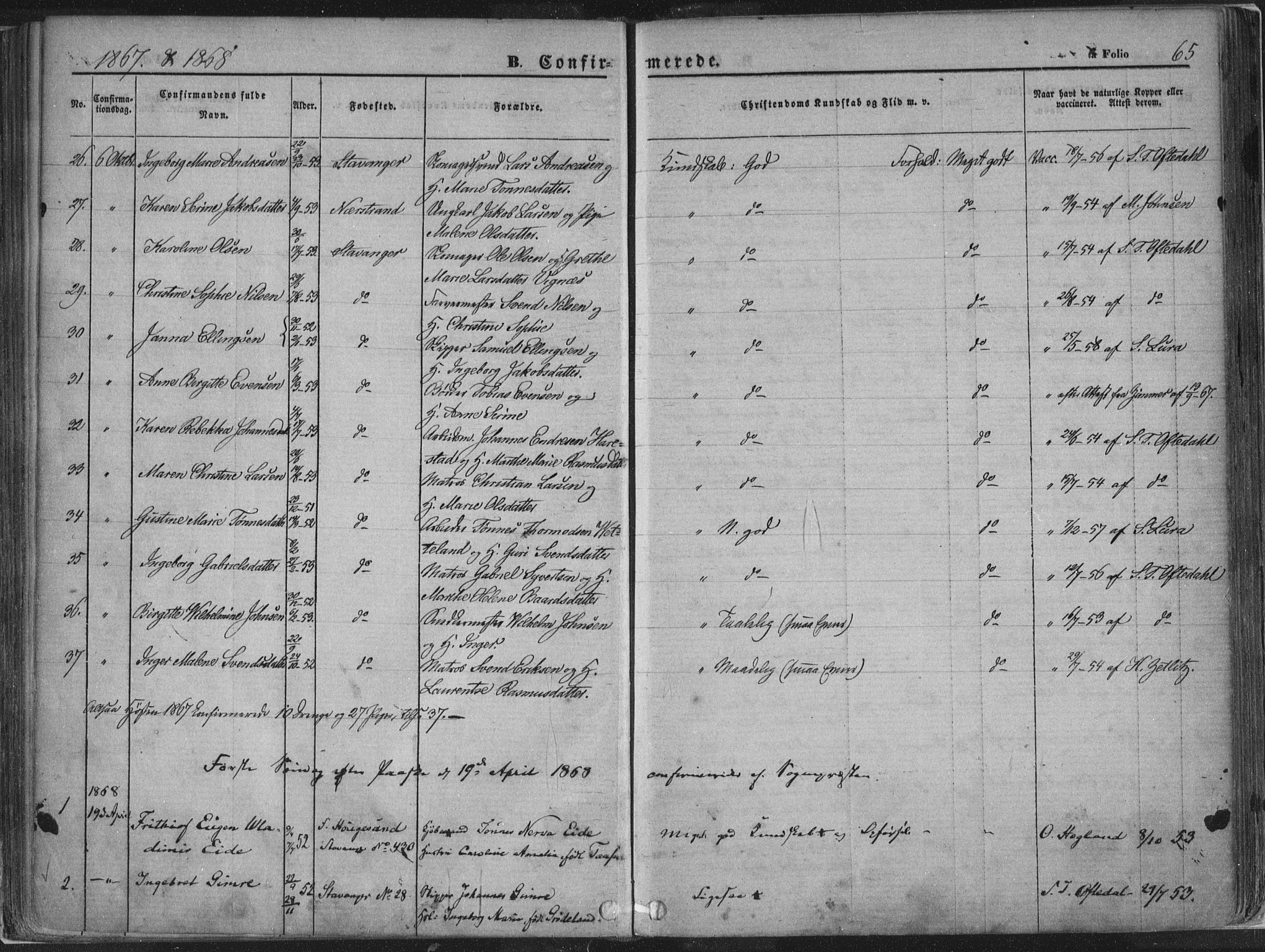 Domkirken sokneprestkontor, AV/SAST-A-101812/001/30/30BA/L0018: Ministerialbok nr. A 17, 1857-1877, s. 65