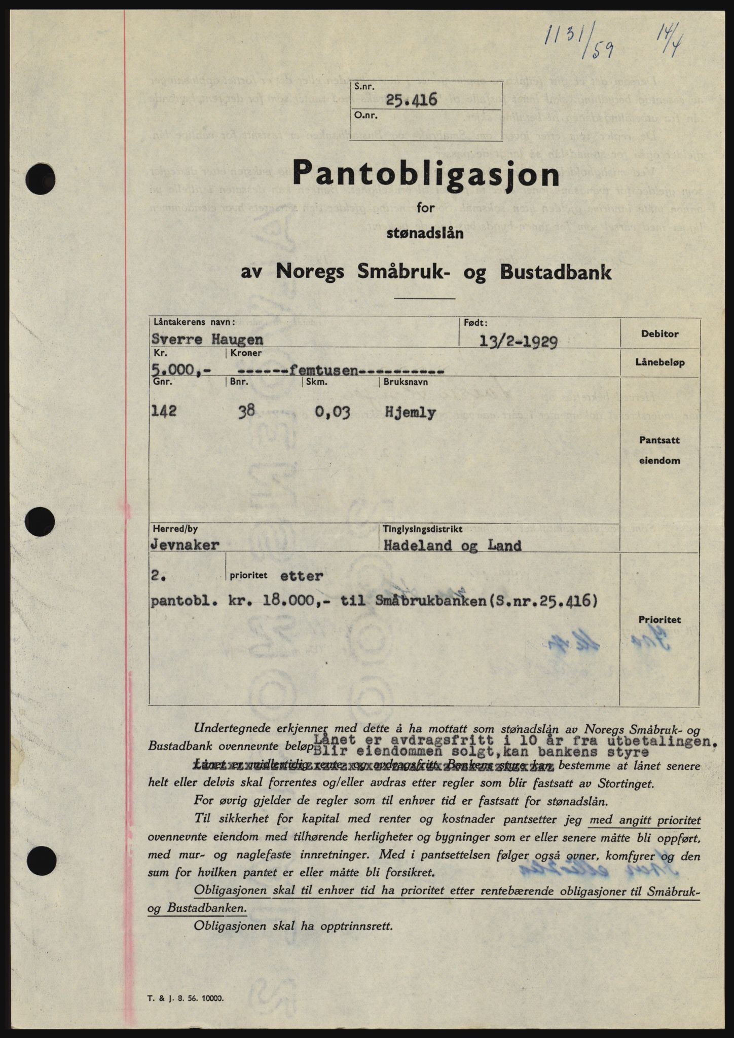Hadeland og Land tingrett, SAH/TING-010/H/Hb/Hbc/L0040: Pantebok nr. B40, 1959-1959, Dagboknr: 1131/1959